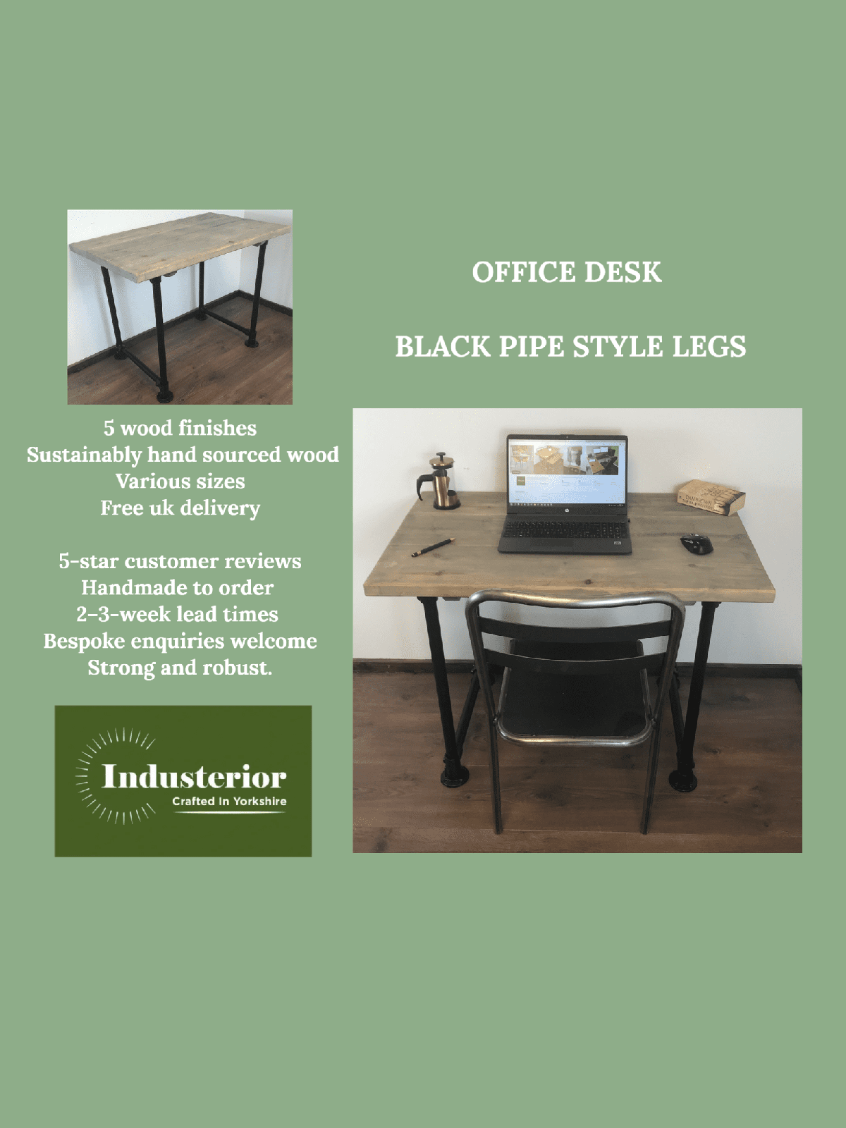 Industrial Office Desk with black Scaffold Pipe Legs, 5 choices of wood finish, Home Office Furniture, sustainable timber-Customisable Sizes