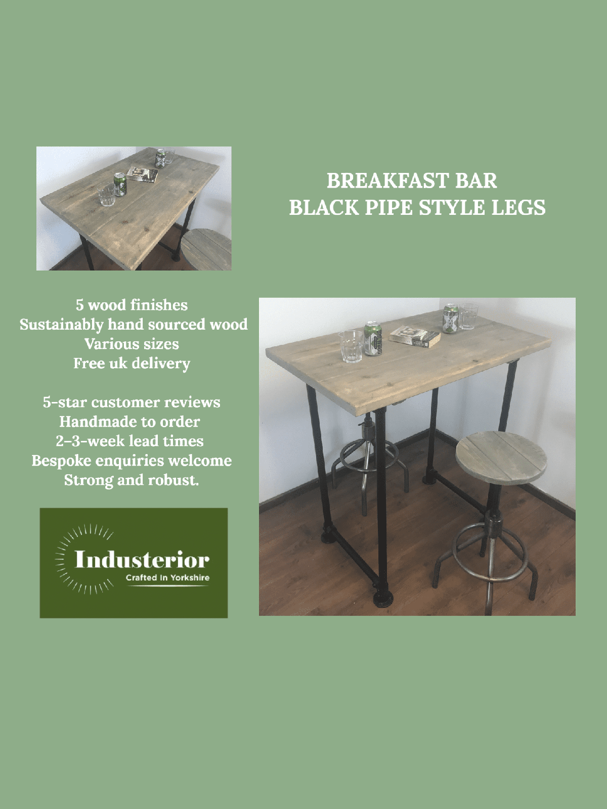 Industrial Rustic Breakfast Bar Free standing - Black pipe style legs - adjustable feet - sustainable wood - hand made in Yorkshire.