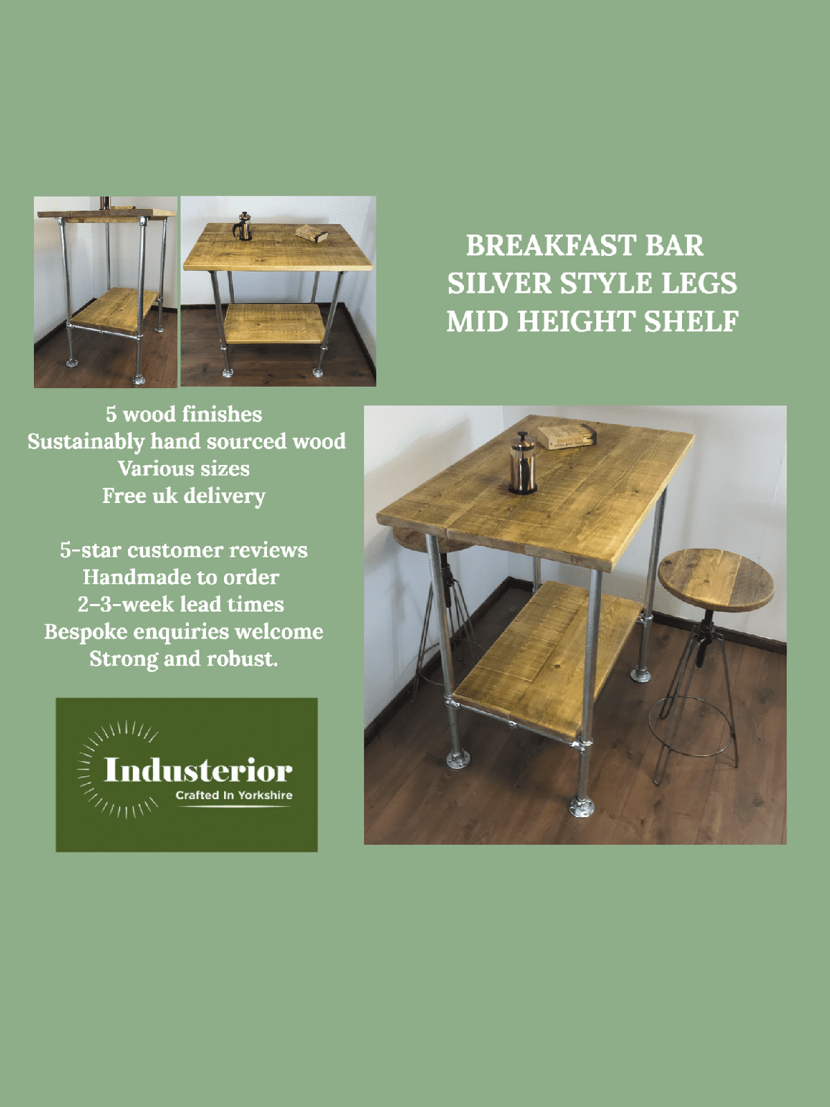 Industrial Rustic Breakfast Bar with shelf, choice of 5 wood finishes with Optional Stools - adjustable feet for uneven floor surfaces