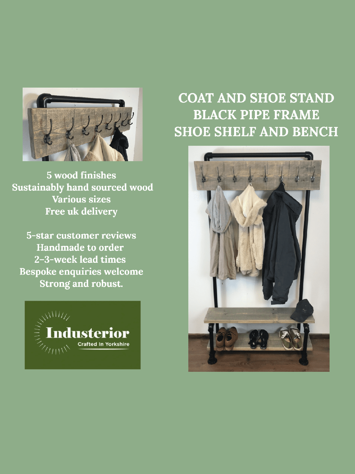Rustic Coat Rail Rack with shoe bench, Black Pipe frame, Free standing, Rustic, Industrial, hall furniture, entrance hall, storage