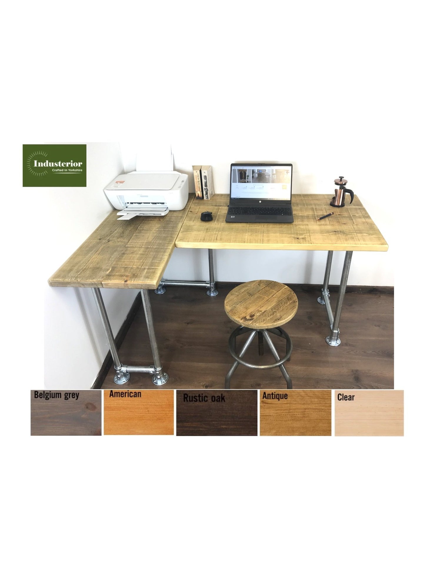 Rustic Industrial Corner Desk - L-Shape with Silver Metal Legs - 3 Colours - Right or left-handed, Free UK delivery