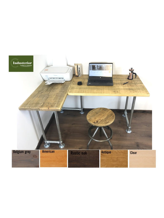 Rustic Industrial Corner Desk - L-Shape with Silver Metal Legs - 3 Colours - Right or left-handed, Free UK delivery - Industerior