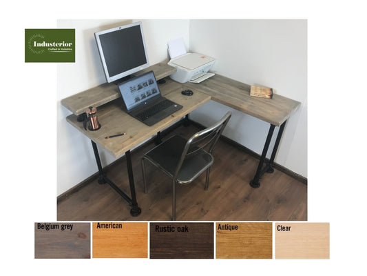 Rustic Corner Desk with Monitor Shelf & black Pipe Legs -Left or right-Handed Style-5 Colours-Customisable Sizes, Industrial L shape desk - Industerior