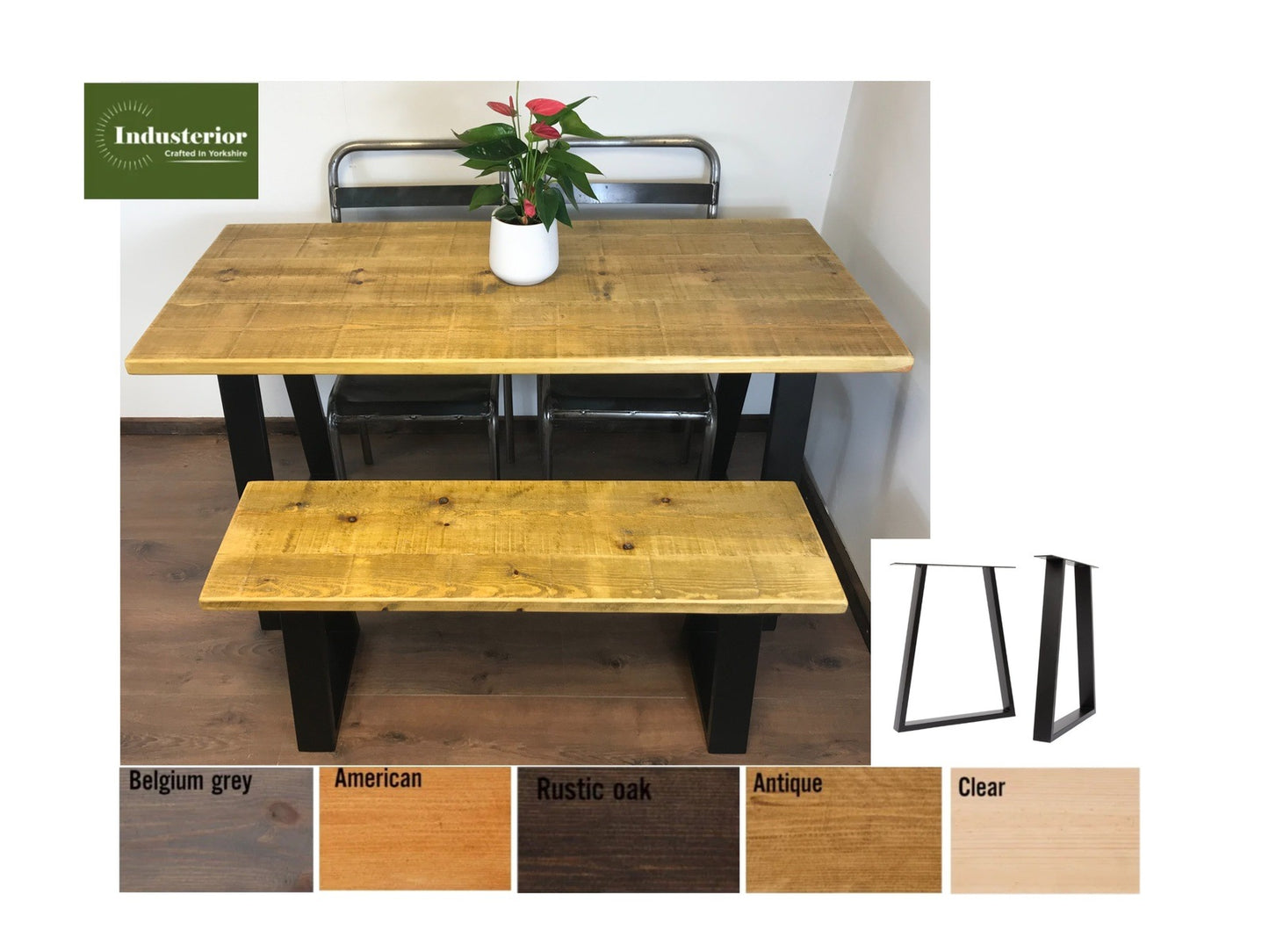 Rustic trapezium Leg Solid Wood Dining Table Set with Matching Bench Options - Industerior