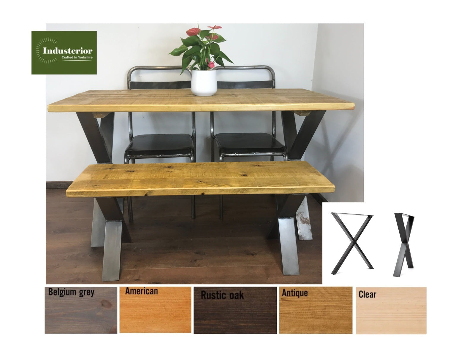 Rustic X-Leg Solid Wood Dining Table Set with Matching Bench Options - Industerior