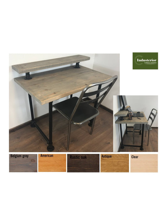 Industrial Office Desk with black Scaffold Pipe Legs, Including monitor shelf. 5 choices of wood finish, Home Office Furniture, sustainable timber-Customisable Sizes - Industerior