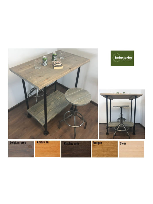 Industrial Breakfast Bar and shelf with Black Pipe Legs, adjustable feet for uneven floors- rustic sustainable wood. - Industerior
