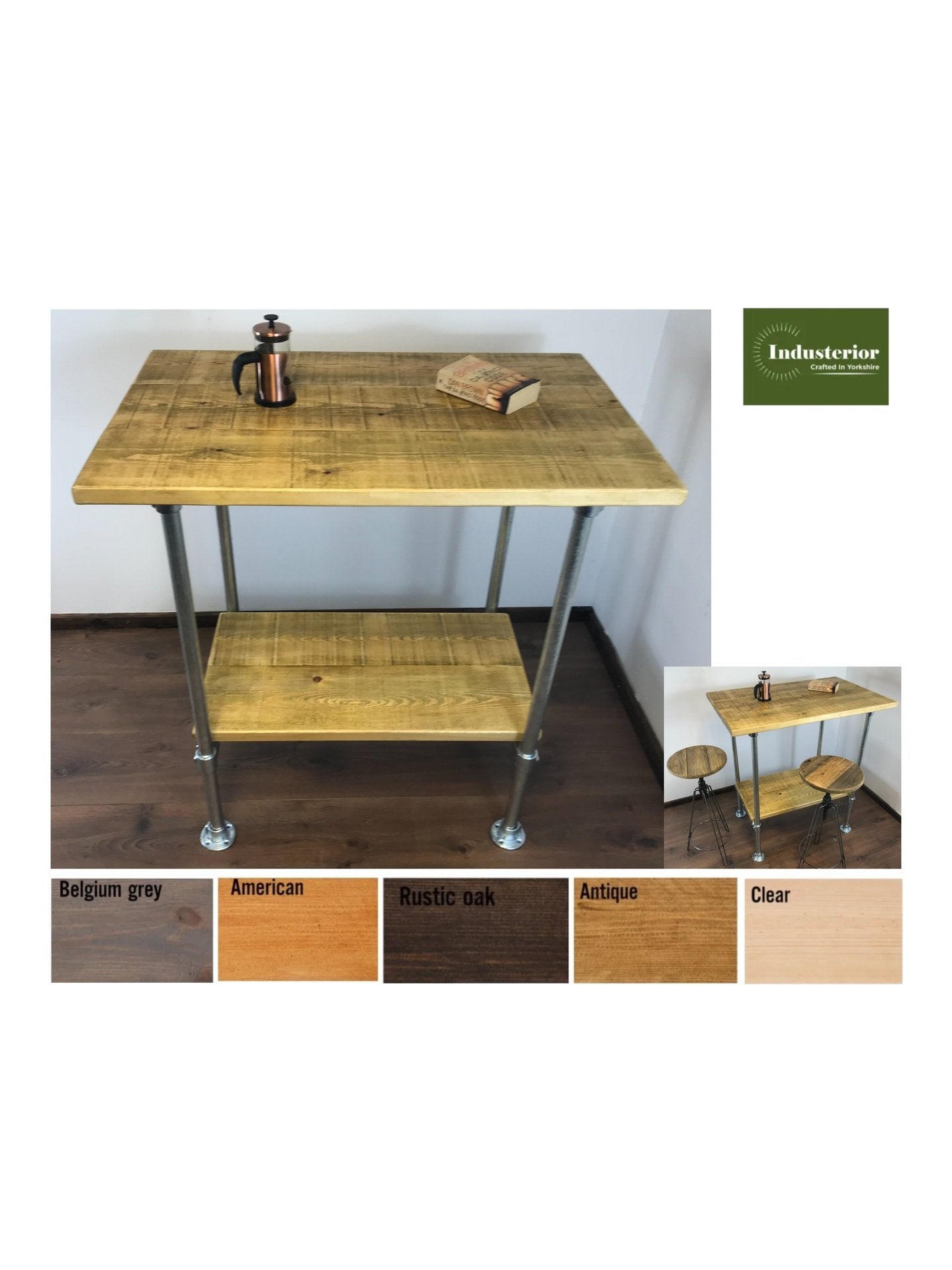Industrial Rustic Breakfast Bar with shelf, choice of 5 wood finishes with Optional Stools - adjustable feet for uneven floor surfaces