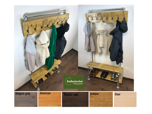 Rustic coat rack with shoe bench, Free standing with Rustic wood and Industrial pipe framework - hall furniture - entrance hall - storage - Industerior