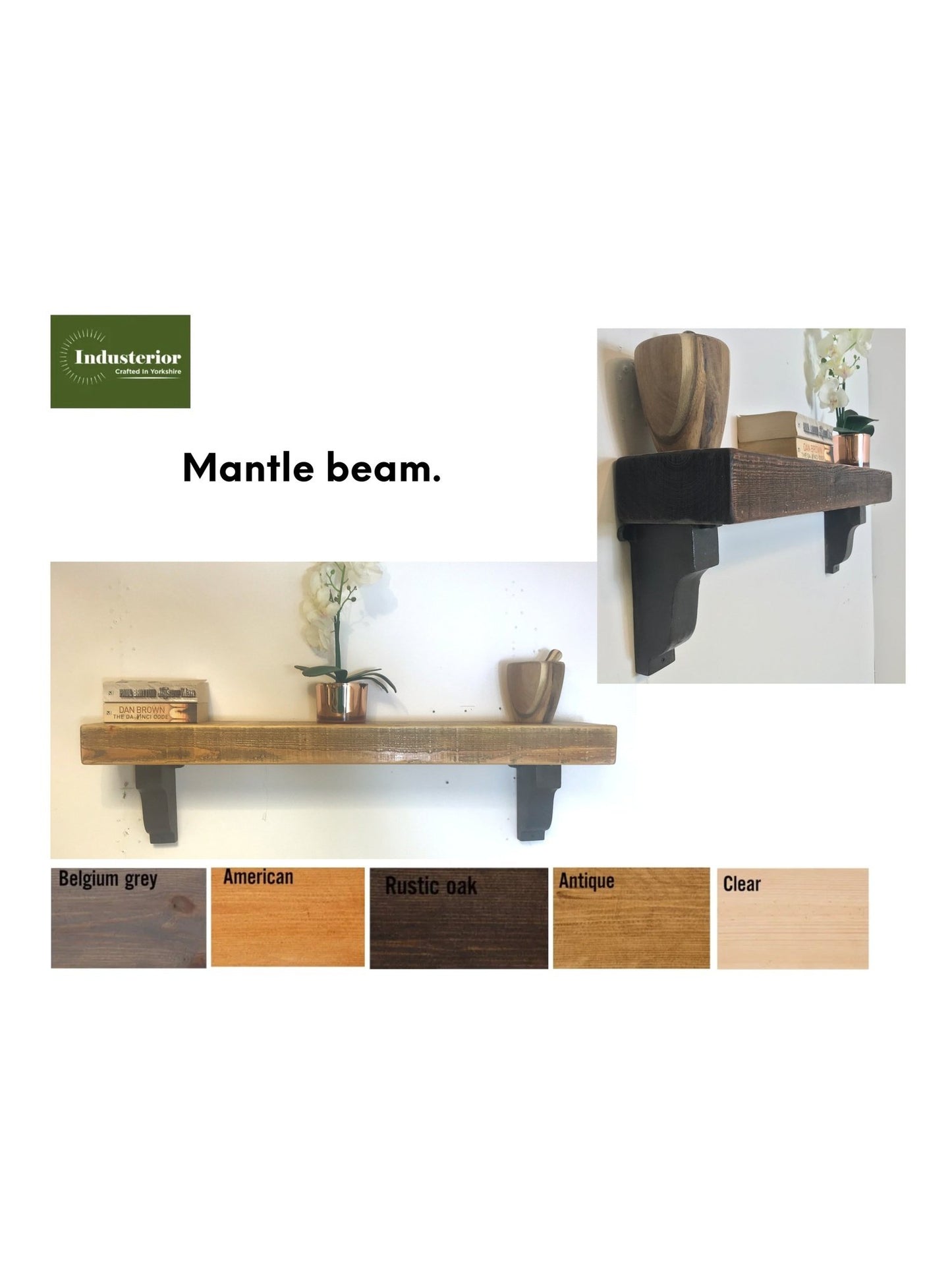 Mantle beam with Corbel Mantelpiece Cast Iron brackets, 150mm x 75mm solid pine wood hand finished and stained - Industerior
