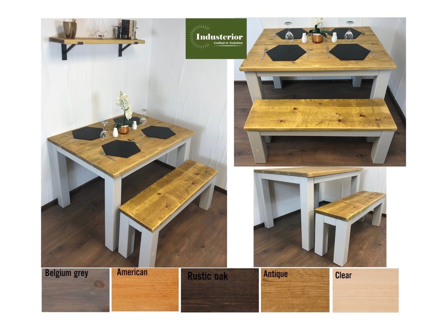 Dining Table and bench set. Farmhouse style hand painted legs using Little Green French grey. Rustic solid wood, hand stained Table top