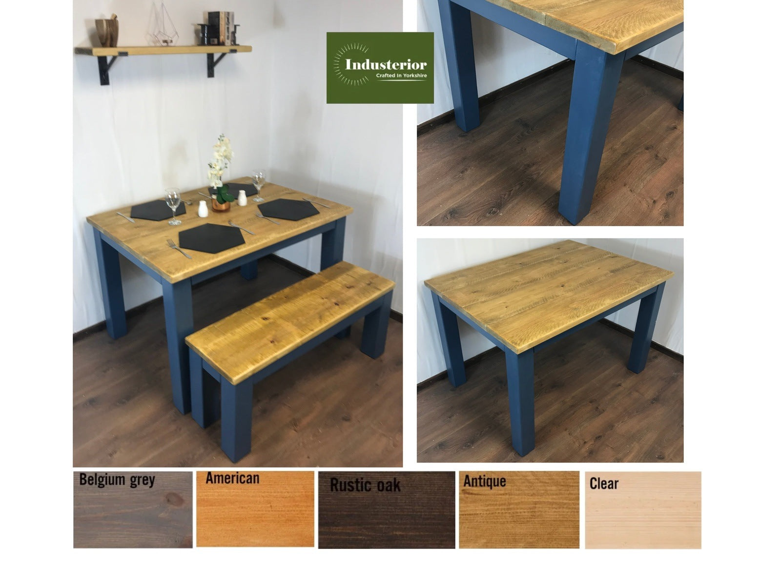Dining Table and bench set. Farmhouse style hand painted legs using Little Green Hicks Blue. Rustic solid wood, hand stained Table top - Industerior
