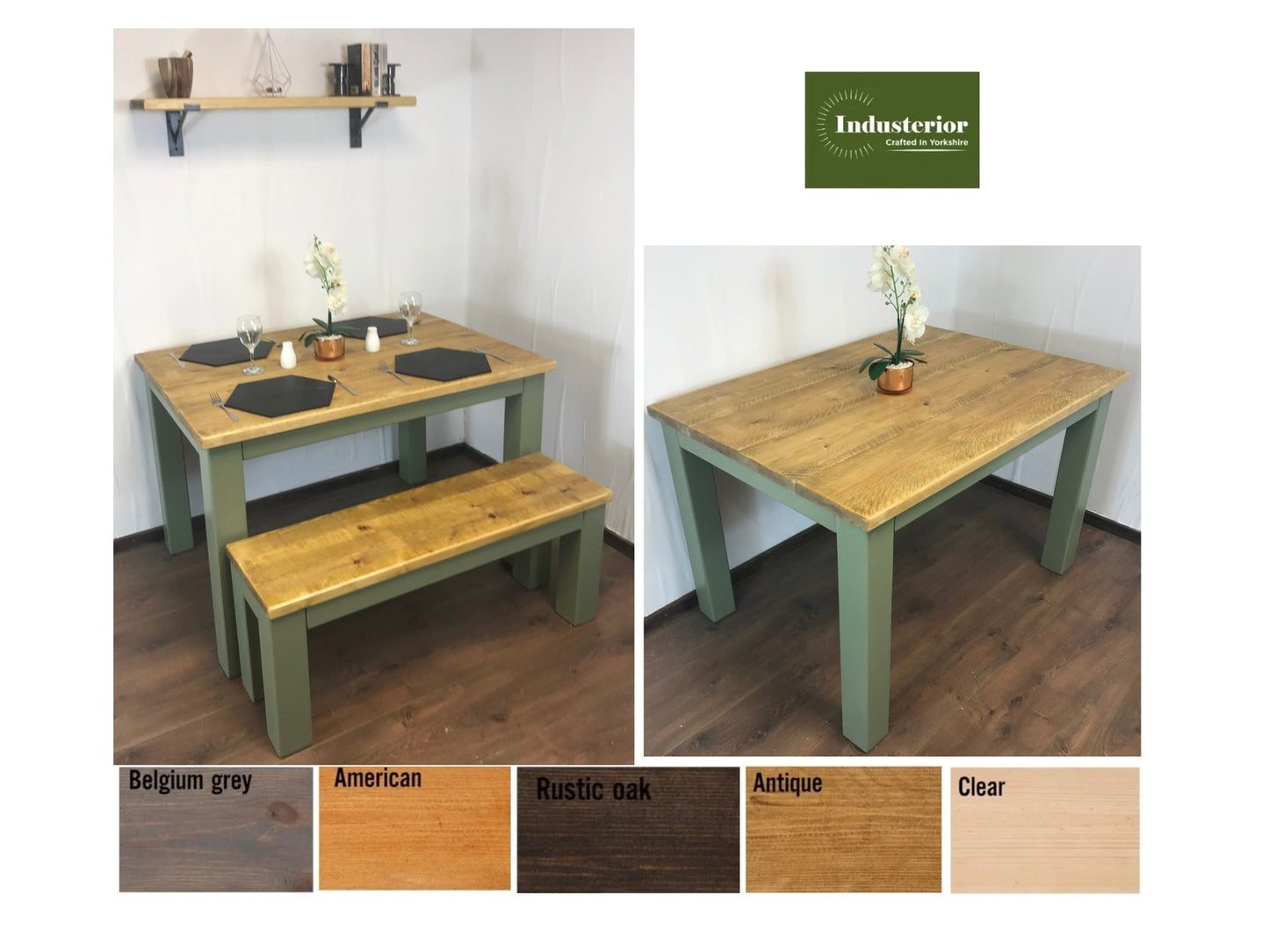 Dining Table and bench set. Farmhouse style hand painted legs using Little Green Sage green. Rustic solid wood, hand stained Table top