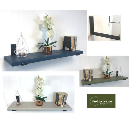Handpainted Solid Wood Shelf with lipped up Brackets, Handcrafted, 22cm Depth x 3.2cm Thickness, Little green paint . Free UK delivery - Industerior