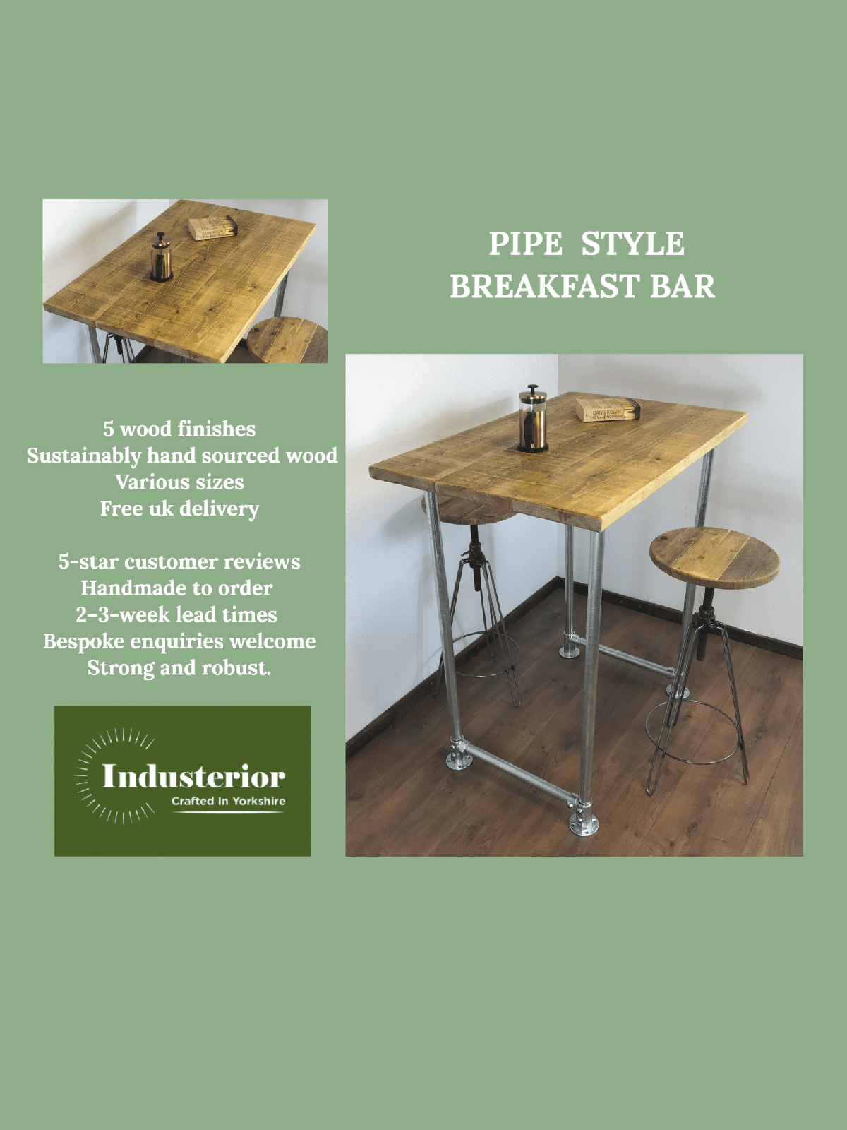 Industrial Rustic Breakfast Bar Free standing - Silver pipe style legs - adjustable feet - sustainable wood - hand made in Yorkshire.