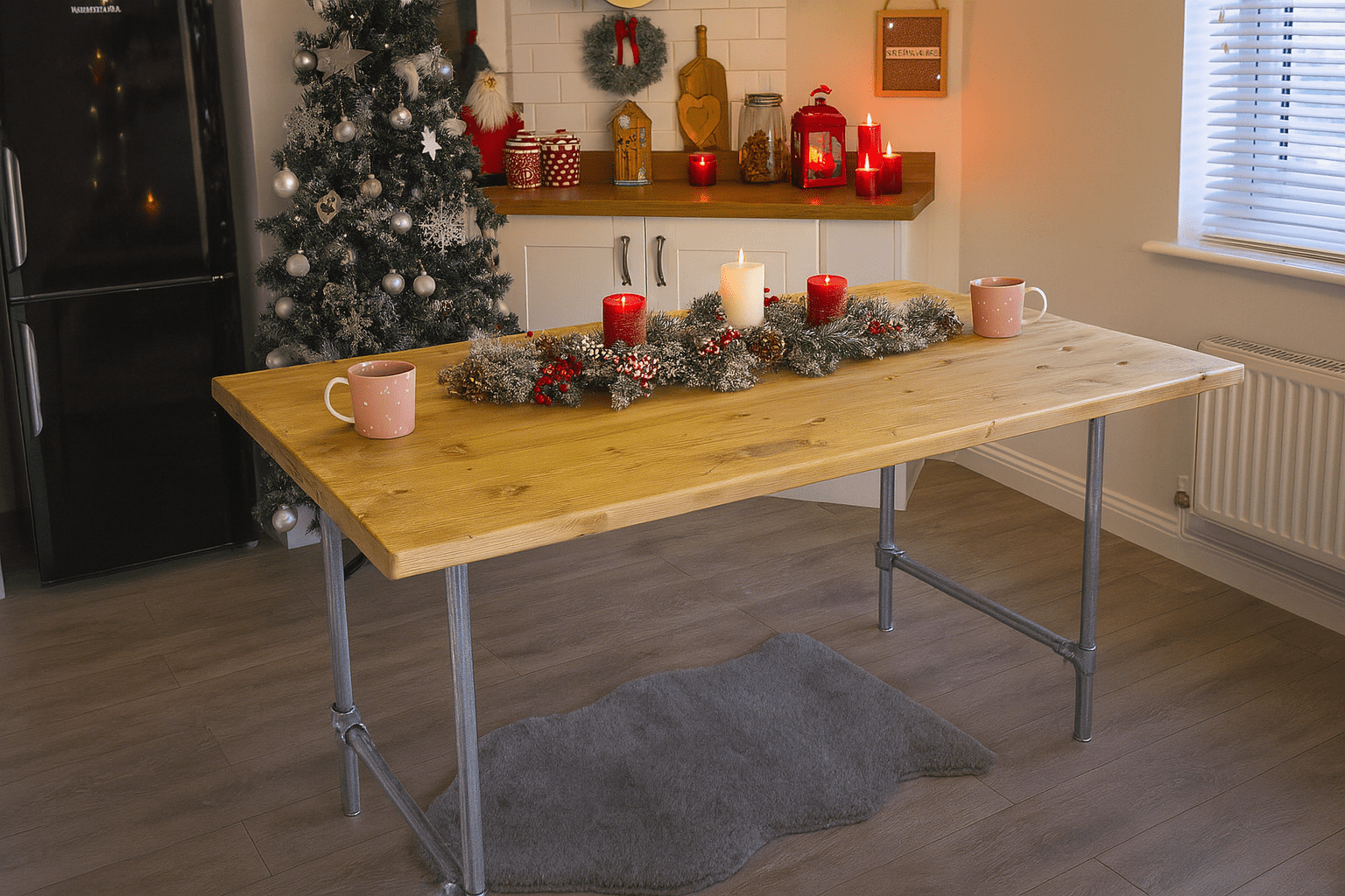Planed Redwood Pine Table with Galvanized Pipe Legs