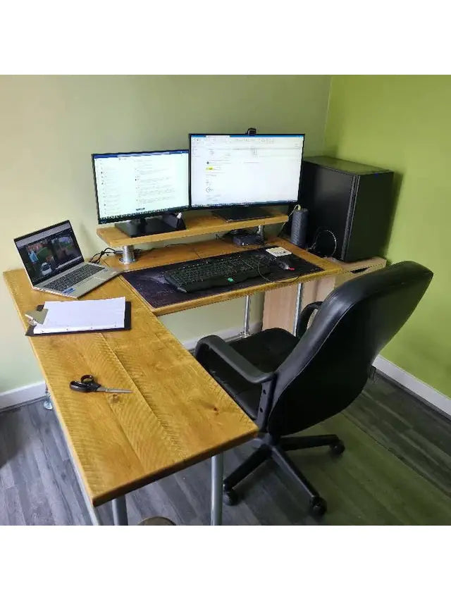 Rustic Industrial Office Corner Desk with Monitor Shelf and Silver Legs - Left or right Handed Style - 5 Colours