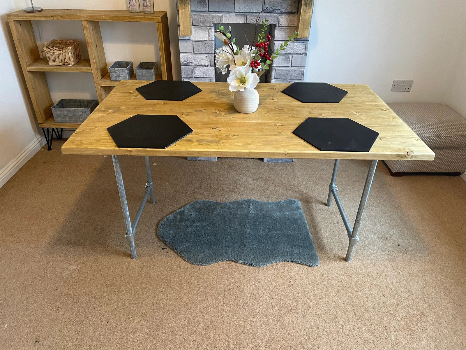 Planed Redwood Pine Table with Galvanized Pipe Legs