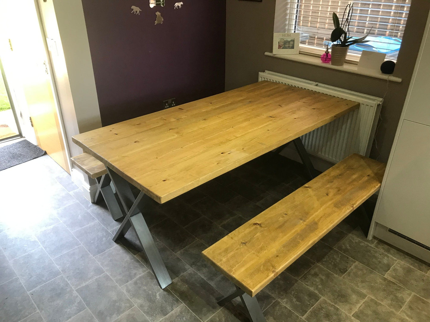 Rustic X-Leg Solid Wood Dining Table Set with Matching Bench Options - Industerior