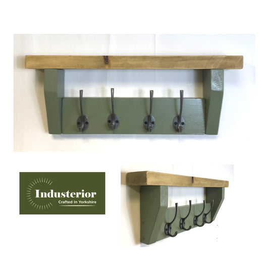 Sage Green Coat Rack, Hidden wall fixings, hand painted coat rack with antique shelf, Hallway furniture - Entrance Hall Rack - Industerior
