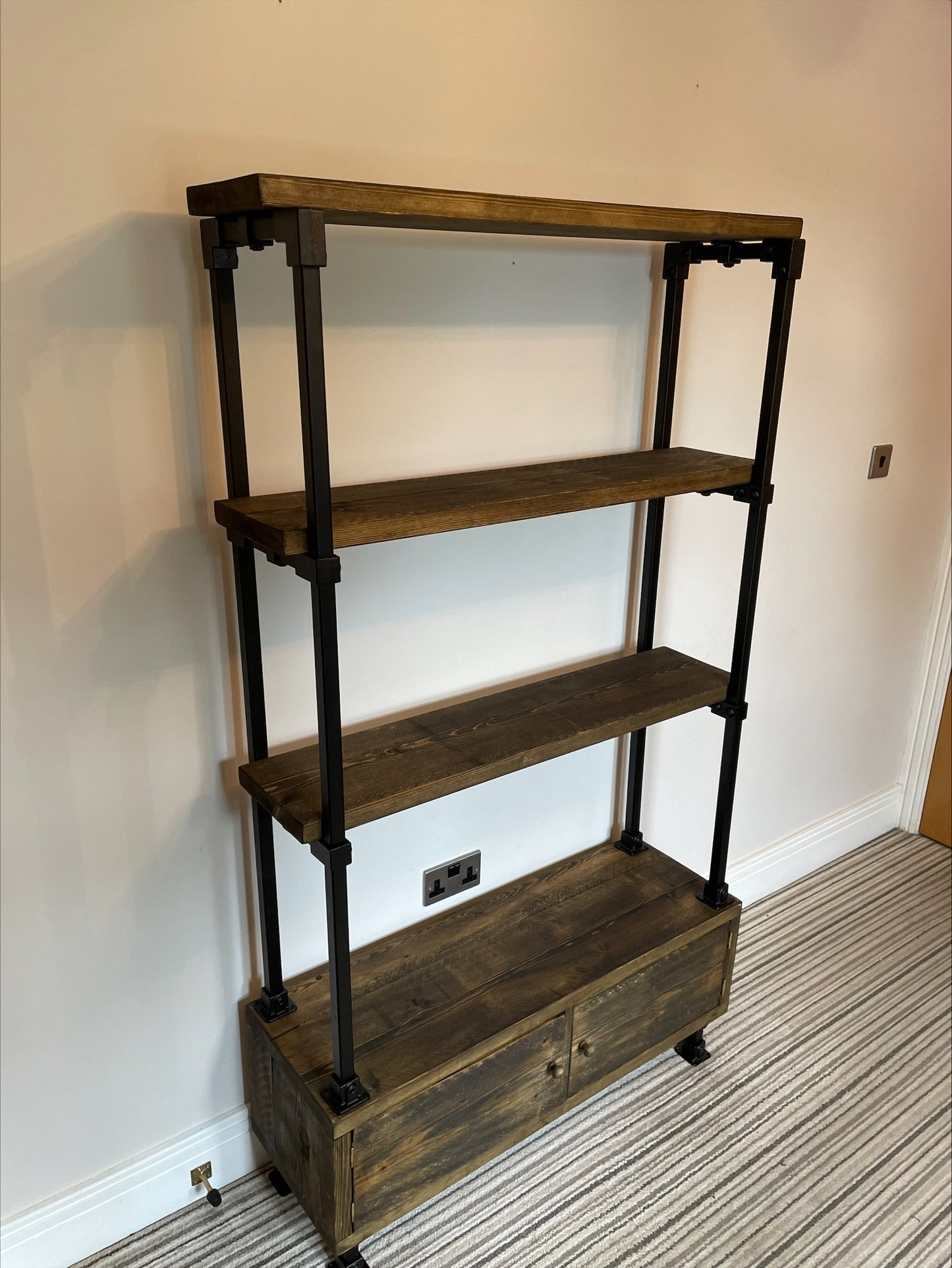 Industrial/Rustic Ladder Style Shelving Unit with Cupboard and black framework. - Industerior