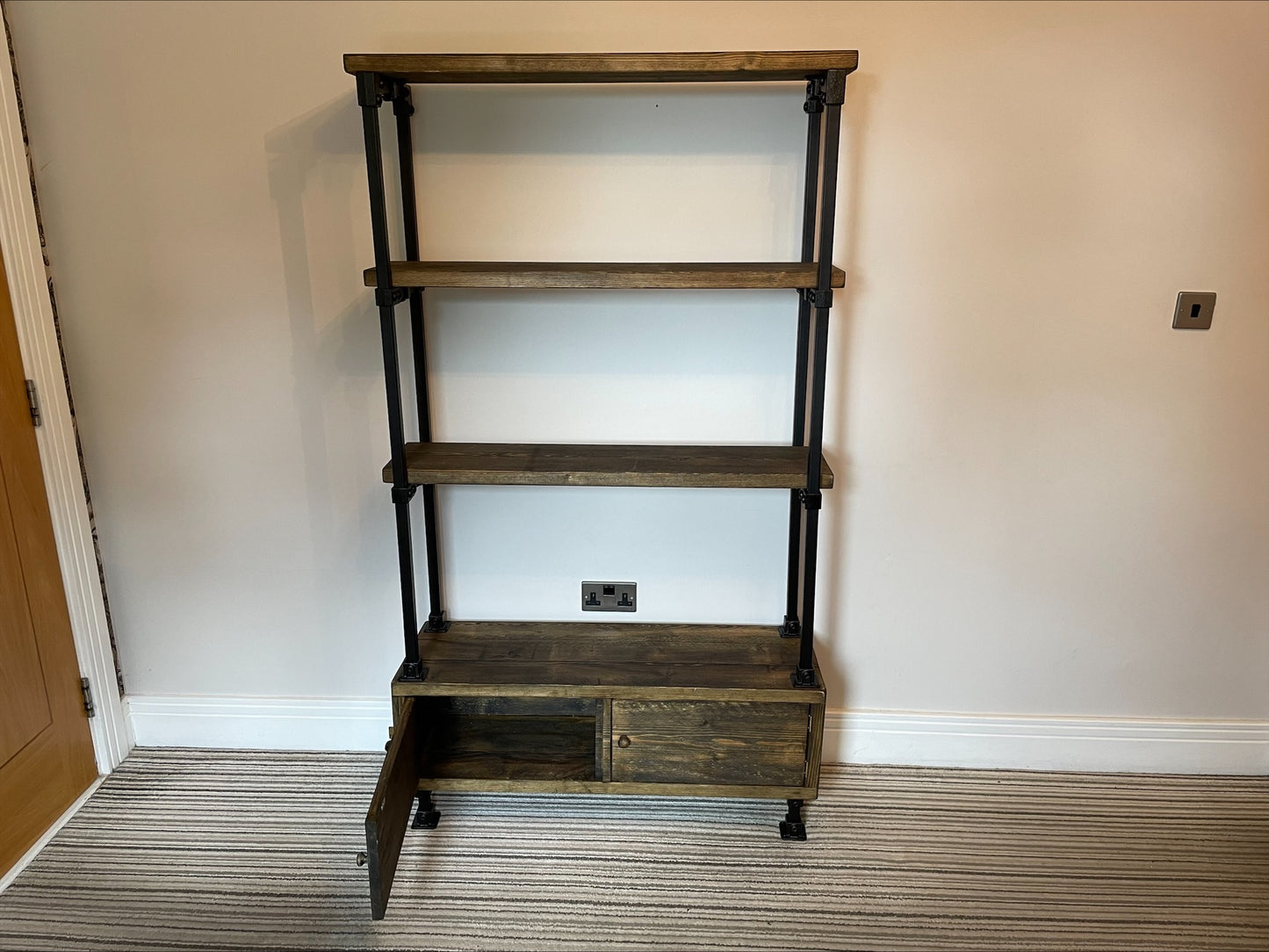 Industrial/Rustic Ladder Style Shelving Unit with Cupboard and black framework. - Industerior