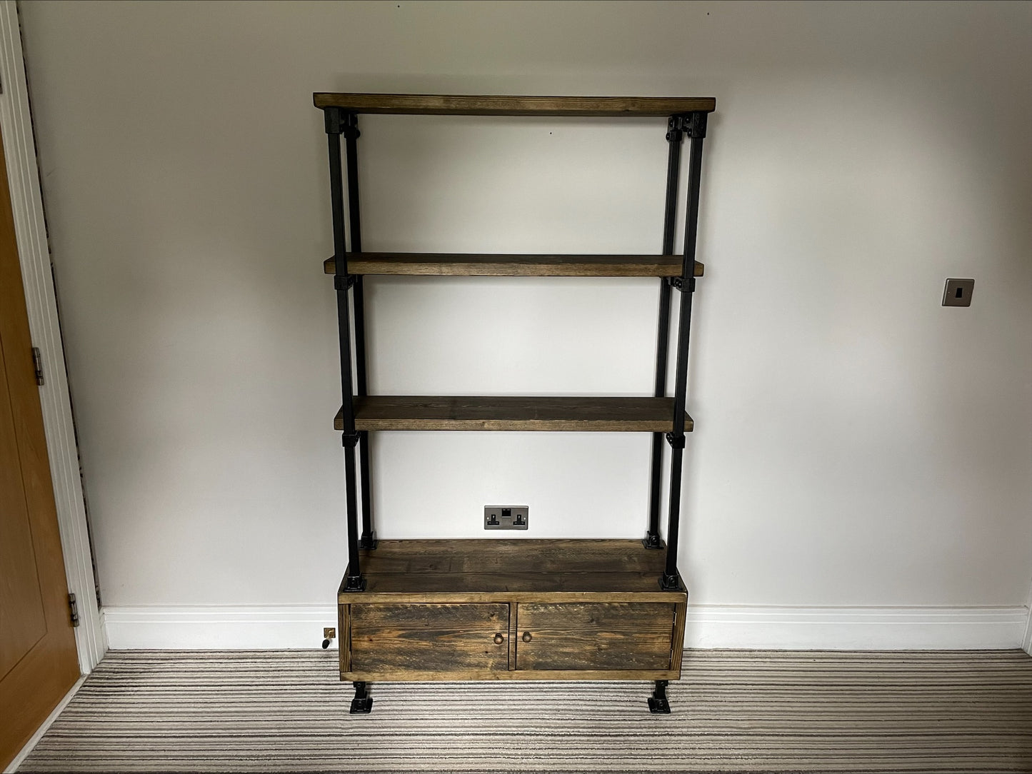 Industrial/Rustic Ladder Style Shelving Unit with Cupboard and black framework. - Industerior