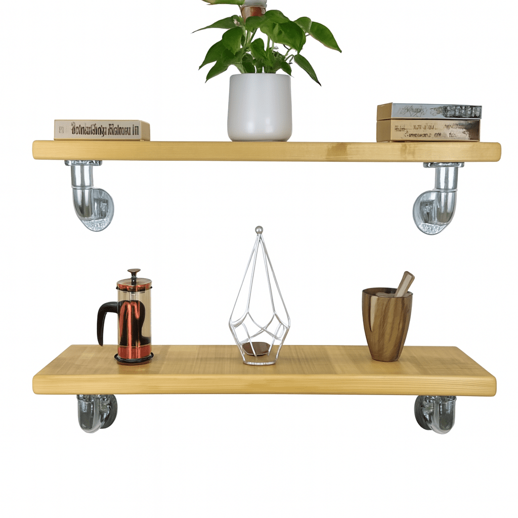 Rustic Shelves, handcrafted in solid wood, Industrial silver scaffold style Brackets, 5 wood colours, wall shelf