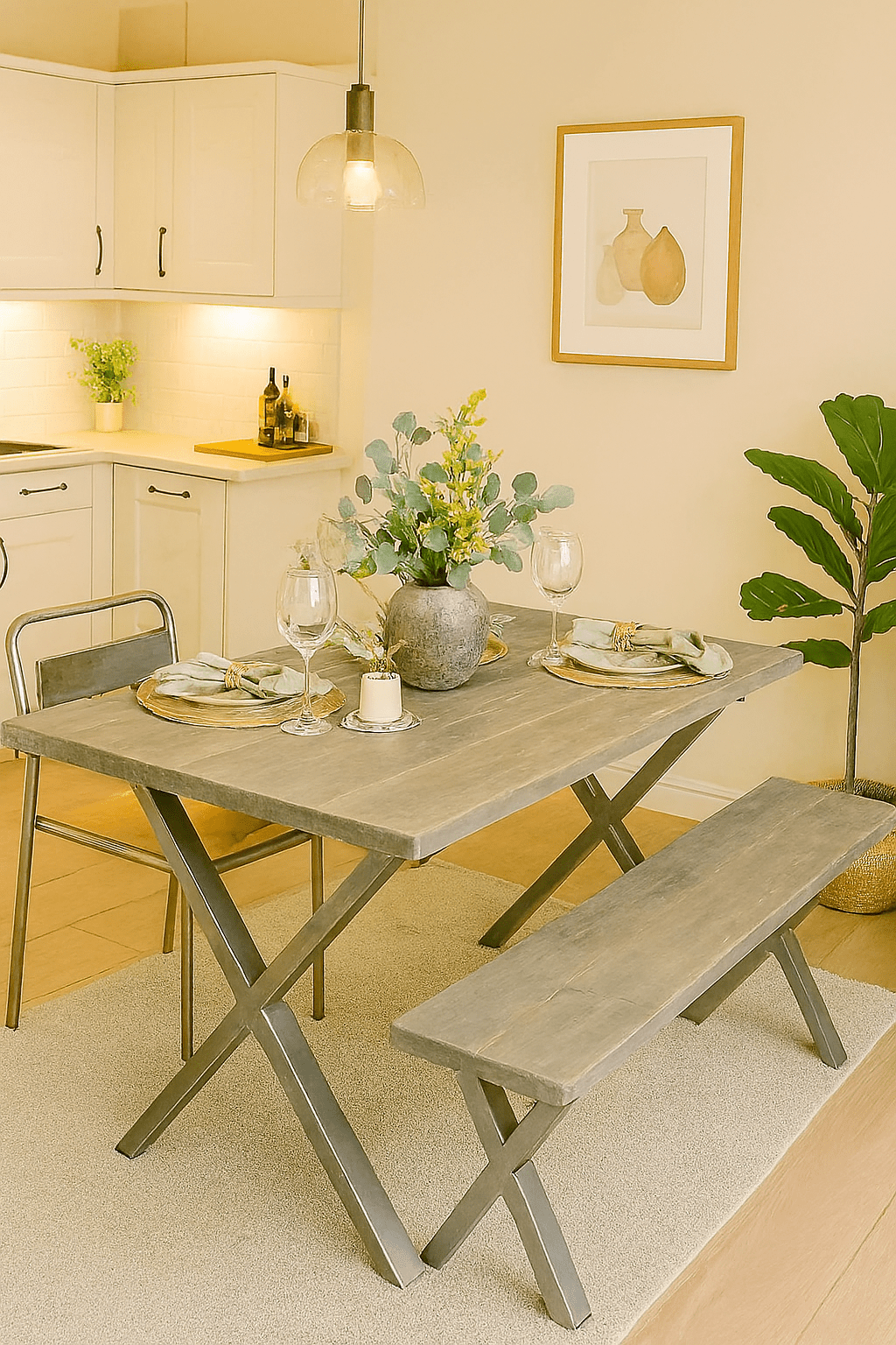 Rustic X-Leg Solid Wood Dining Table Set with Matching Bench Options