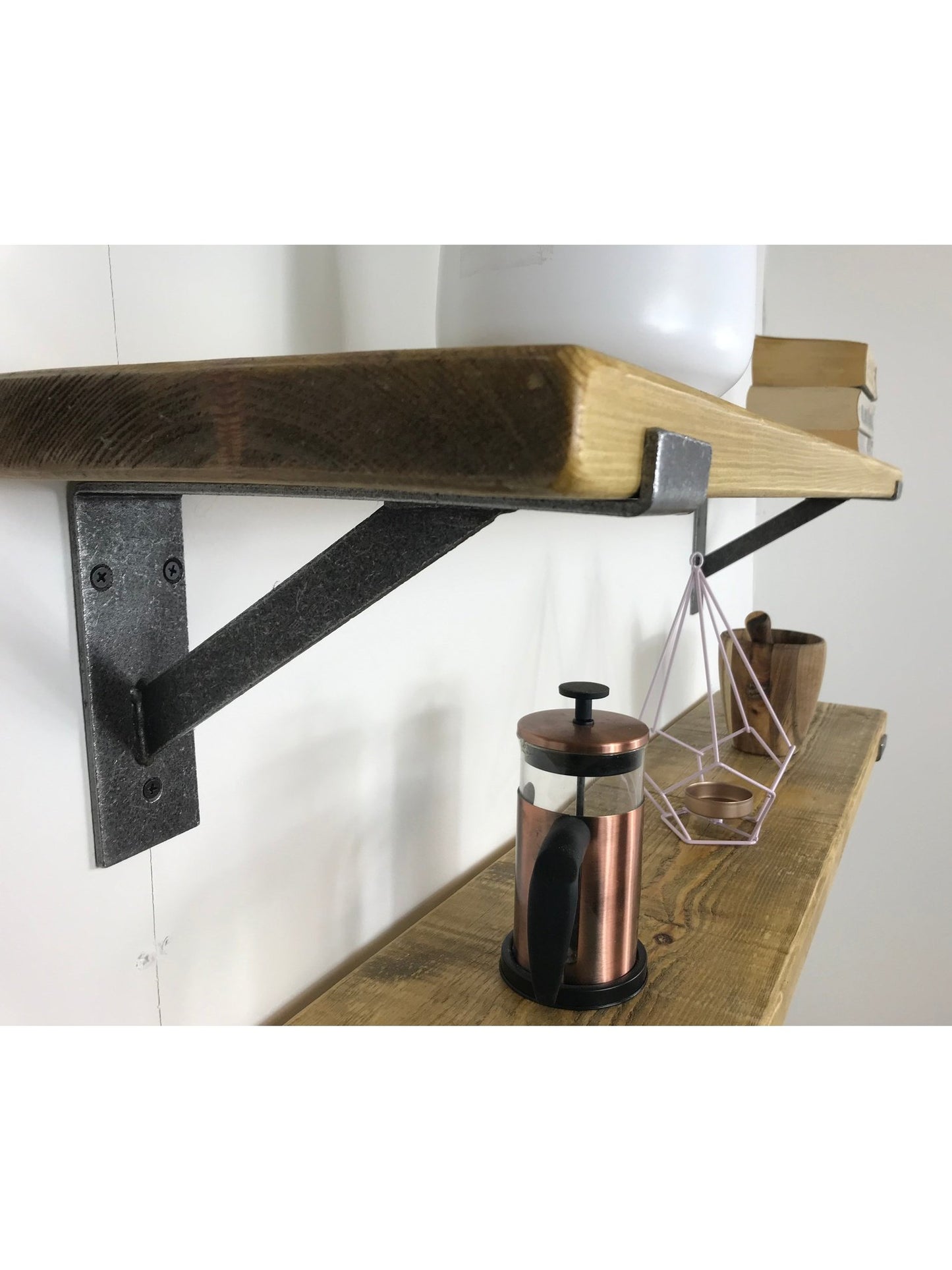 Rustic Style Solid Wood Shelf with Raw Steel lipped up Brackets, Handcrafted, 22cm Depth x 3.2cm Thickness, 5 wood finishes. free Uk deliver