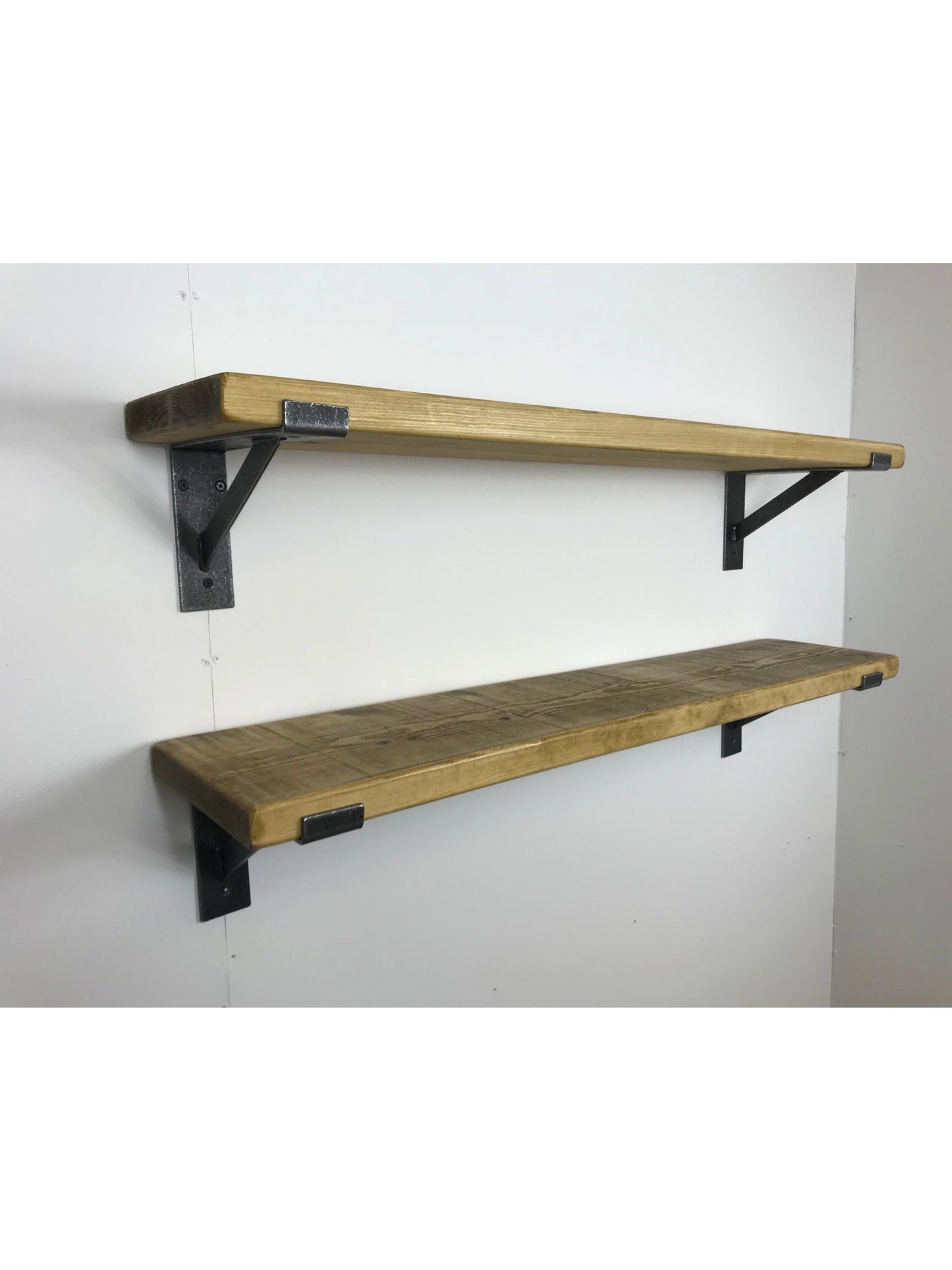 Rustic Style Solid Wood Shelf with Raw Steel lipped up Brackets, Handcrafted, 22cm Depth x 3.2cm Thickness, 5 wood finishes. free Uk deliver