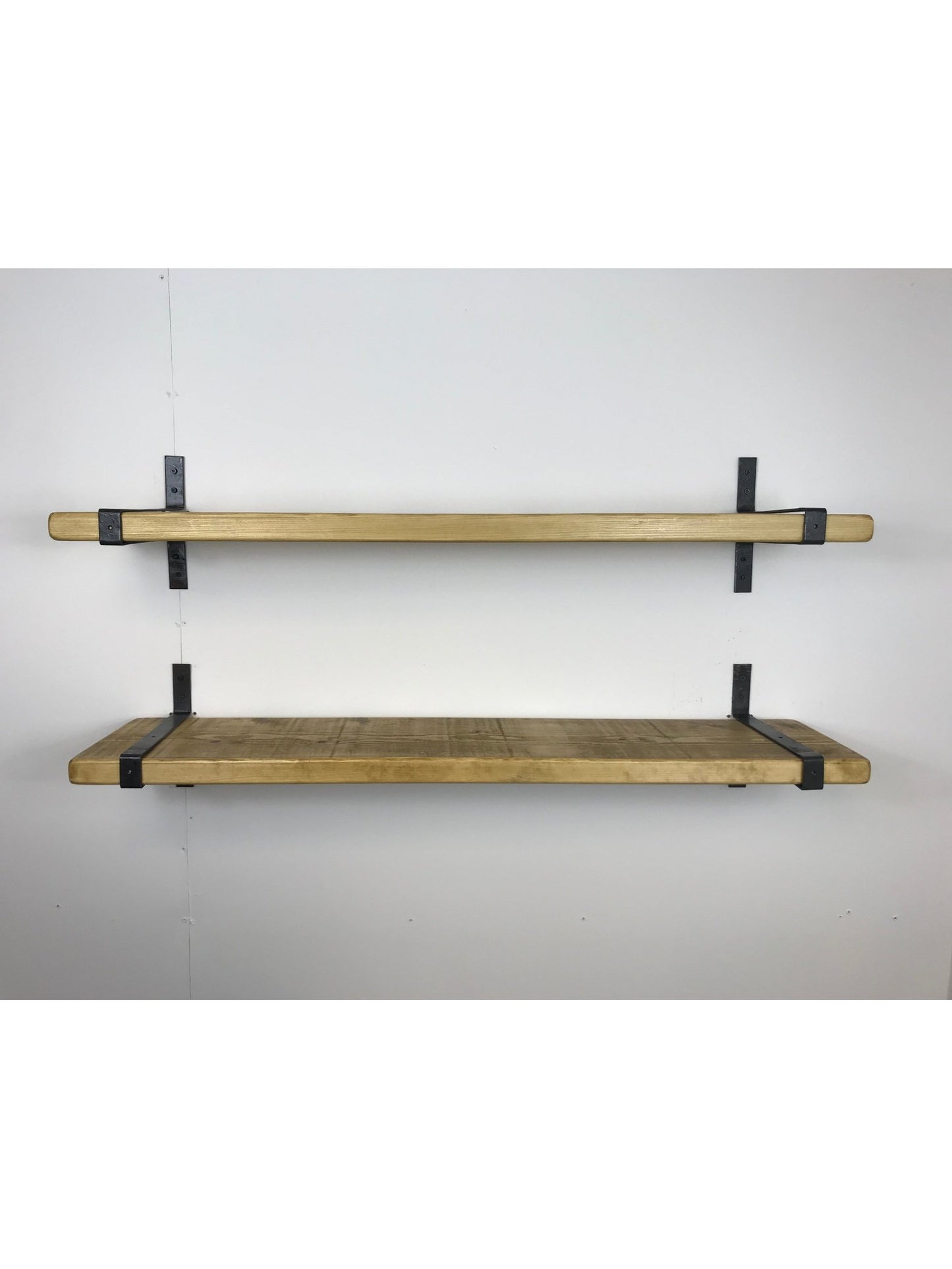 Rustic Style Solid Wood Shelf with Wrap style Raw Steel Brackets, Handcrafted, 5 wood finishes. free Uk delivery - Industerior
