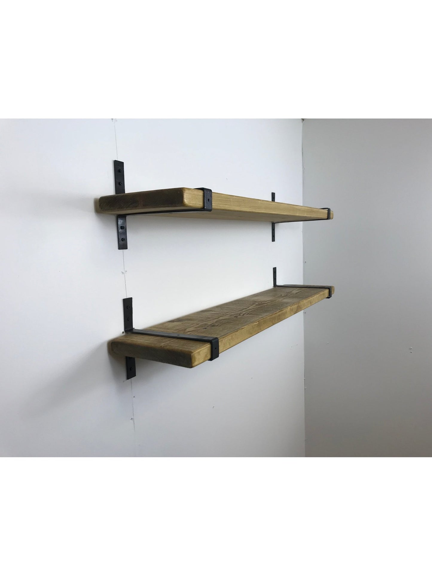 Rustic Style Solid Wood Shelf with Wrap style Raw Steel Brackets, Handcrafted, 5 wood finishes. free Uk delivery - Industerior
