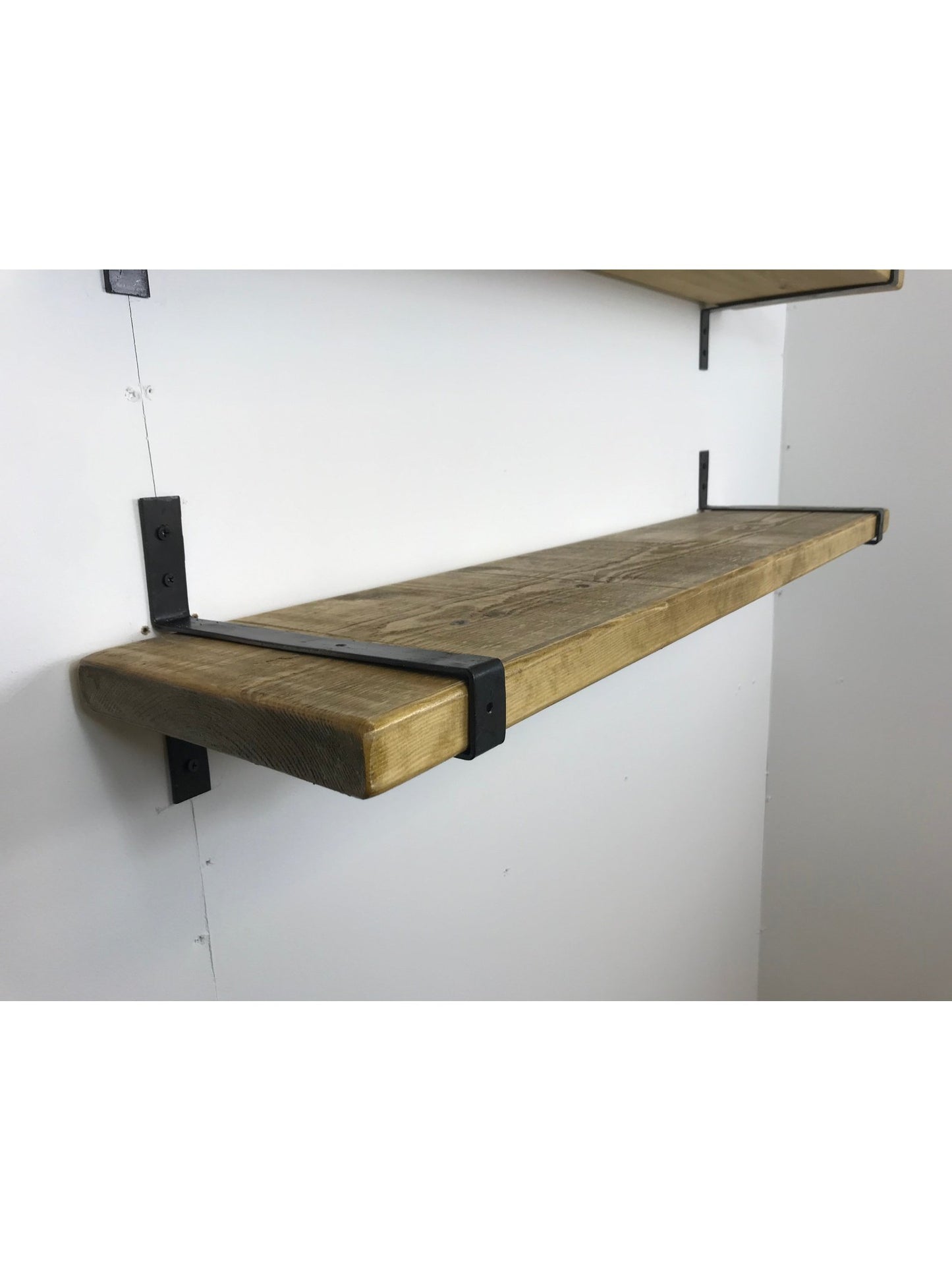 Rustic Style Solid Wood Shelf with Wrap style Raw Steel Brackets, Handcrafted, 5 wood finishes. free Uk delivery - Industerior