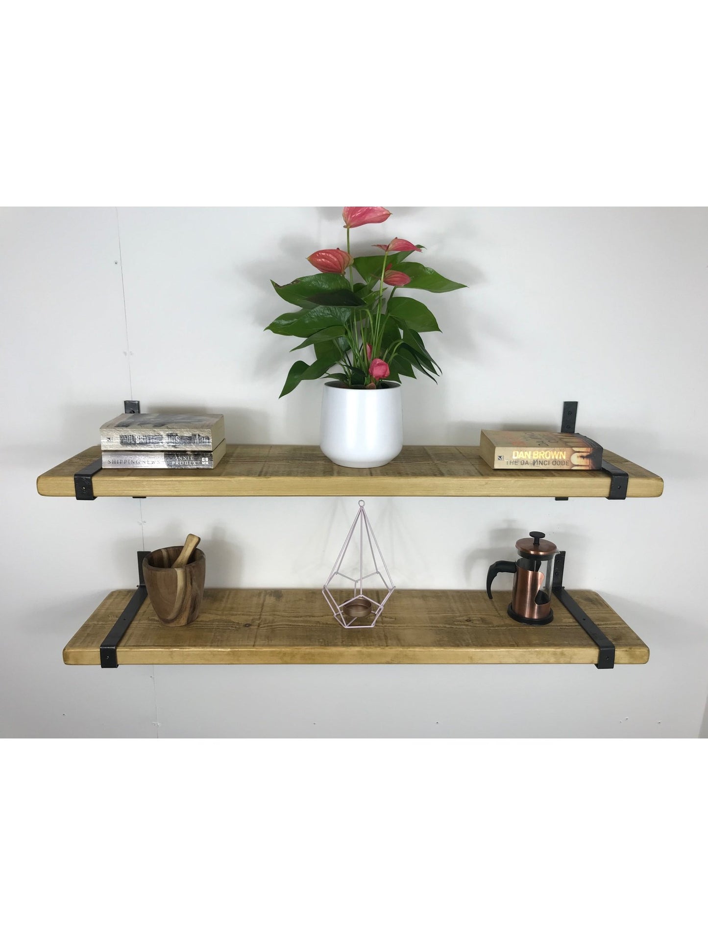 Rustic Style Solid Wood Shelf with Wrap style Raw Steel Brackets, Handcrafted, 5 wood finishes. free Uk delivery - Industerior