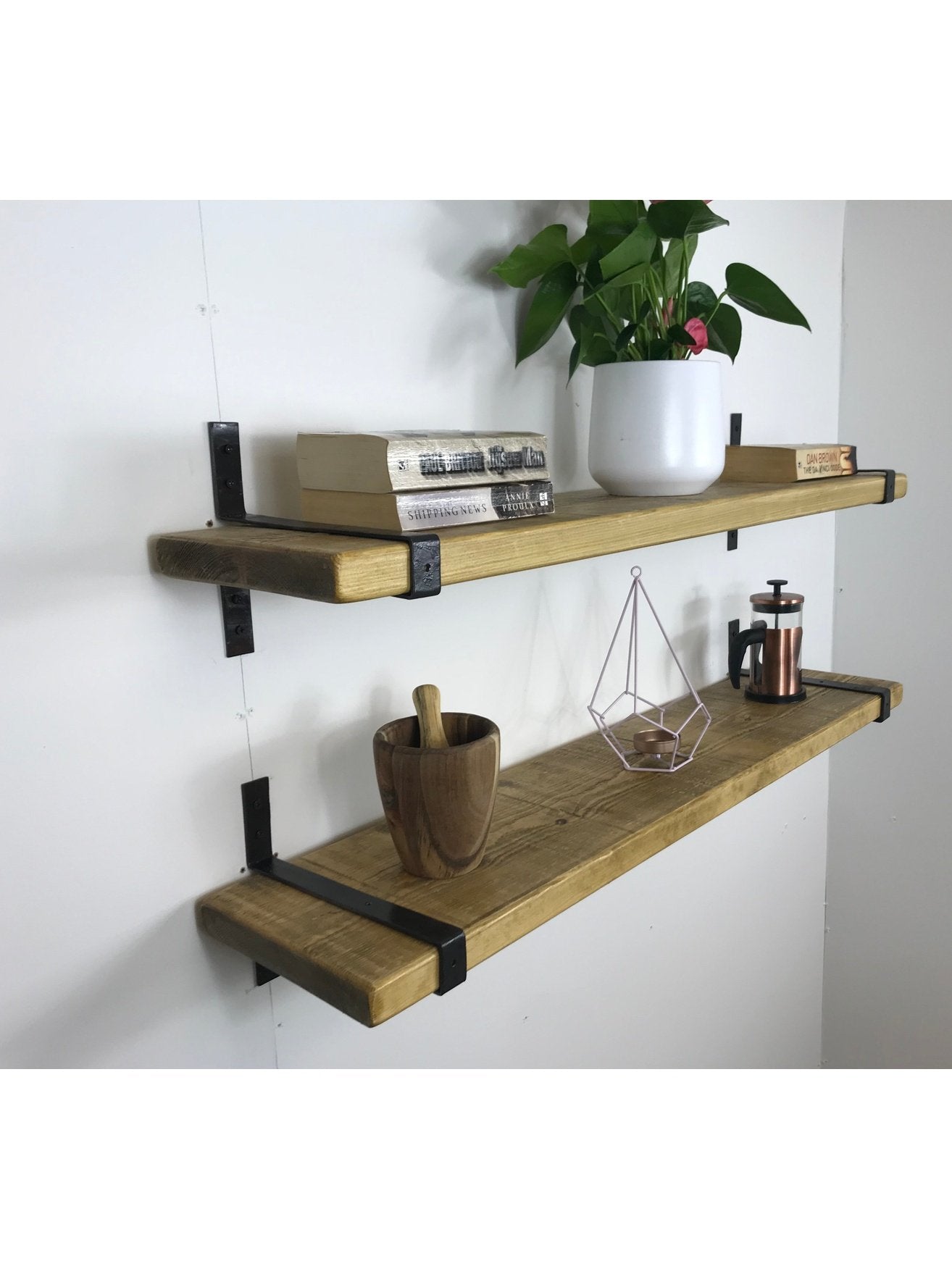 Rustic Style Solid Wood Shelf with Wrap style Raw Steel Brackets, Handcrafted, 5 wood finishes. free Uk delivery - Industerior