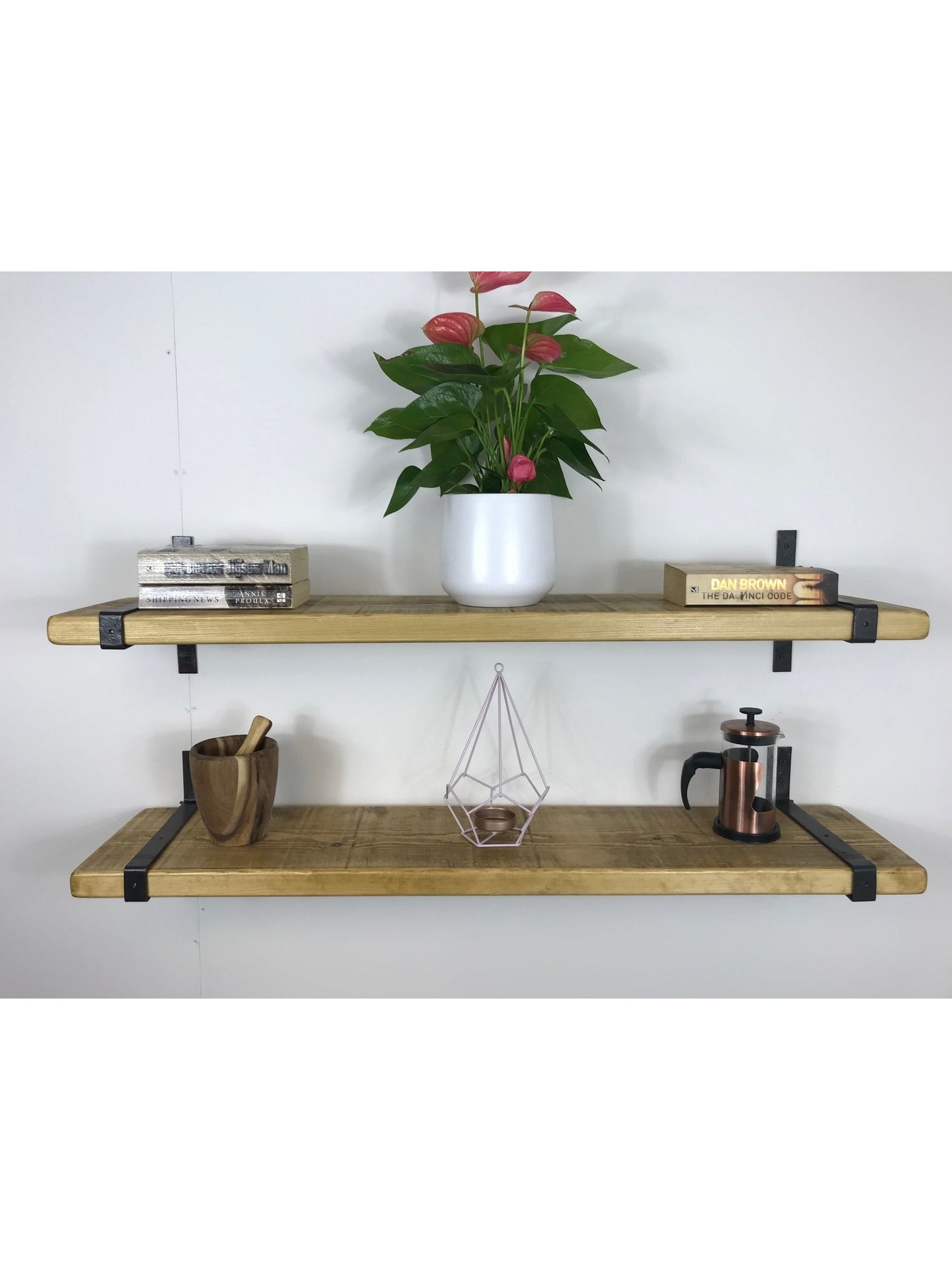 Rustic Style Solid Wood Shelf with Wrap style Raw Steel Brackets, Handcrafted, 5 wood finishes. free Uk delivery - Industerior