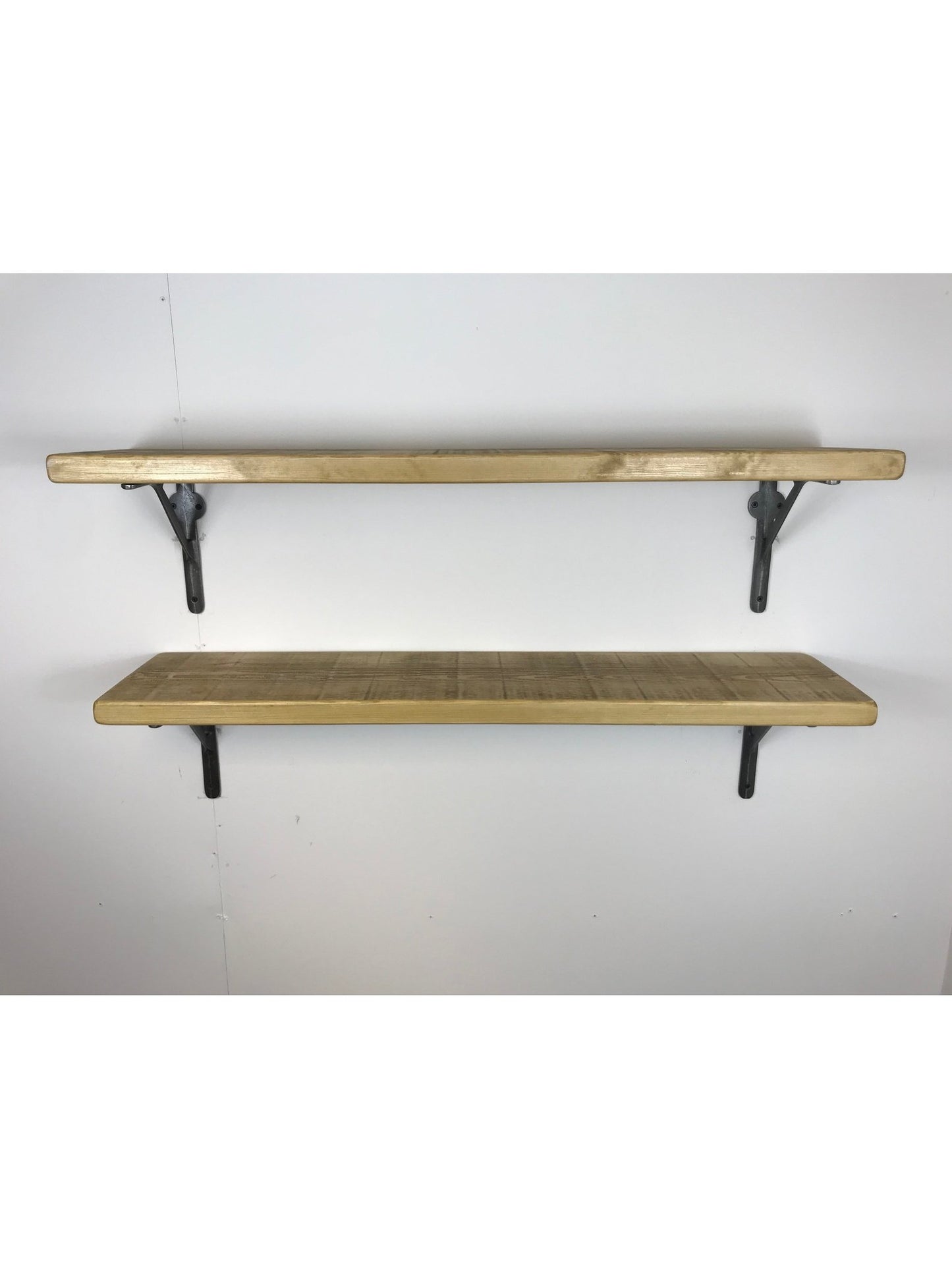 Rustic Style Solid Wood Shelf with Raw Steel Brackets, Handcrafted, 5 wood finishes. free Uk delivery