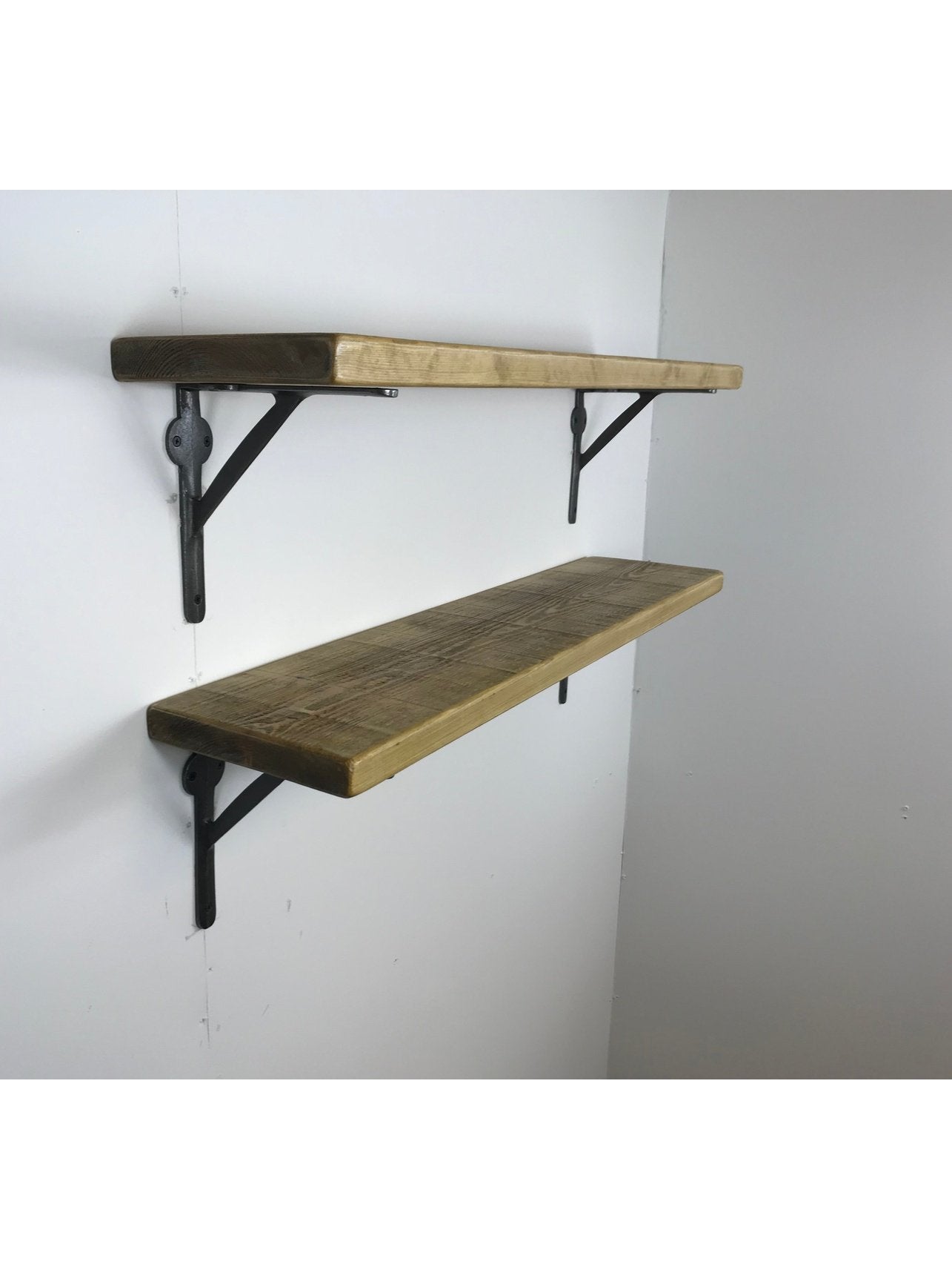 Rustic Style Solid Wood Shelf with Raw Steel Brackets, Handcrafted, 5 wood finishes. free Uk delivery