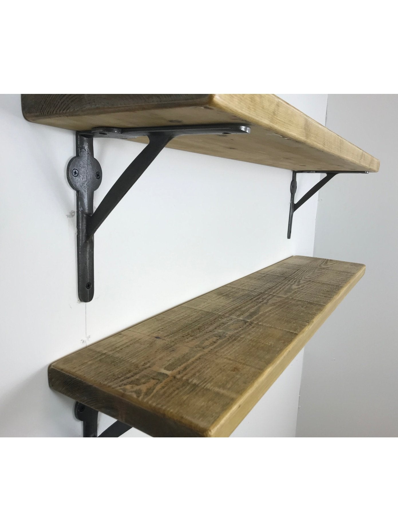 Rustic Style Solid Wood Shelf with Raw Steel Brackets, Handcrafted, 5 wood finishes. free Uk delivery