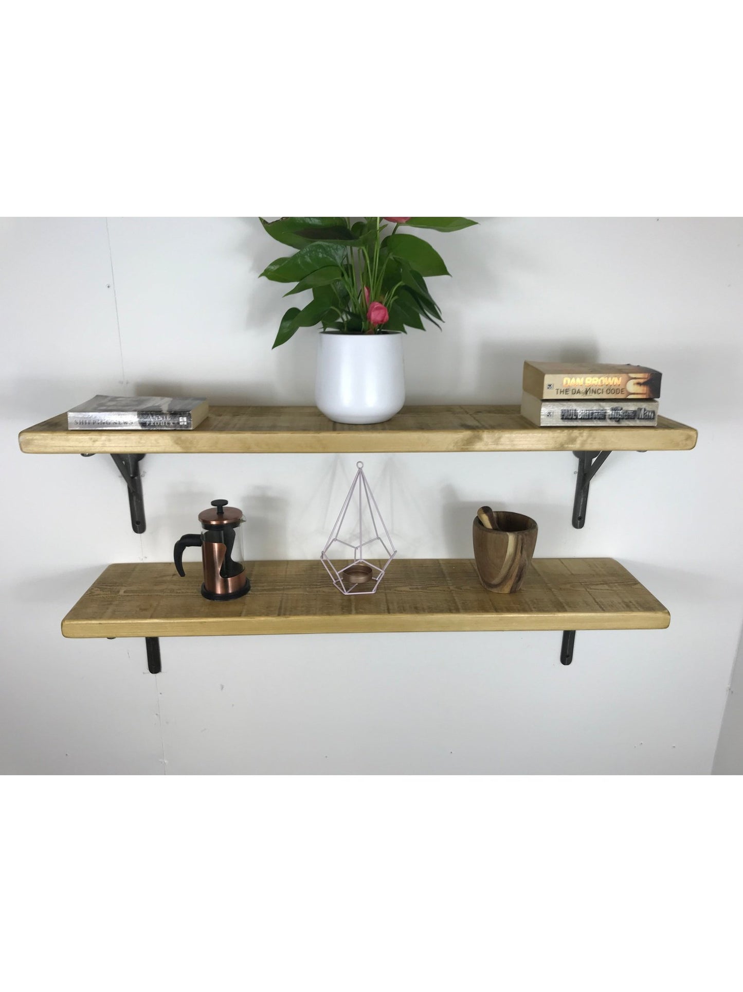 Rustic Style Solid Wood Shelf with Raw Steel Brackets, Handcrafted, 5 wood finishes. free Uk delivery