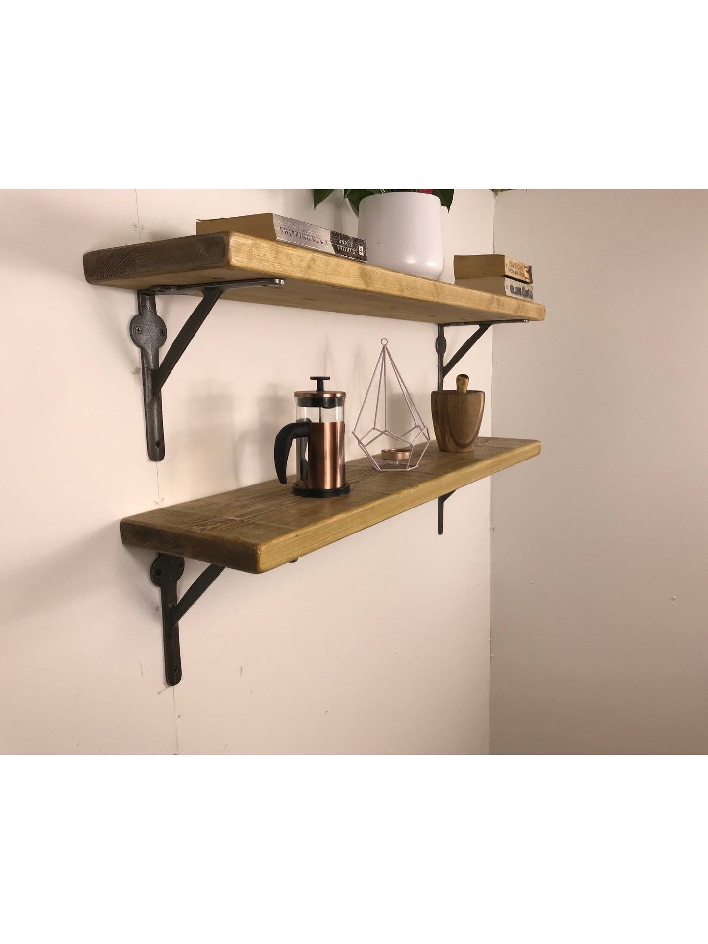 Rustic Style Solid Wood Shelf with Raw Steel Brackets, Handcrafted, 5 wood finishes. free Uk delivery