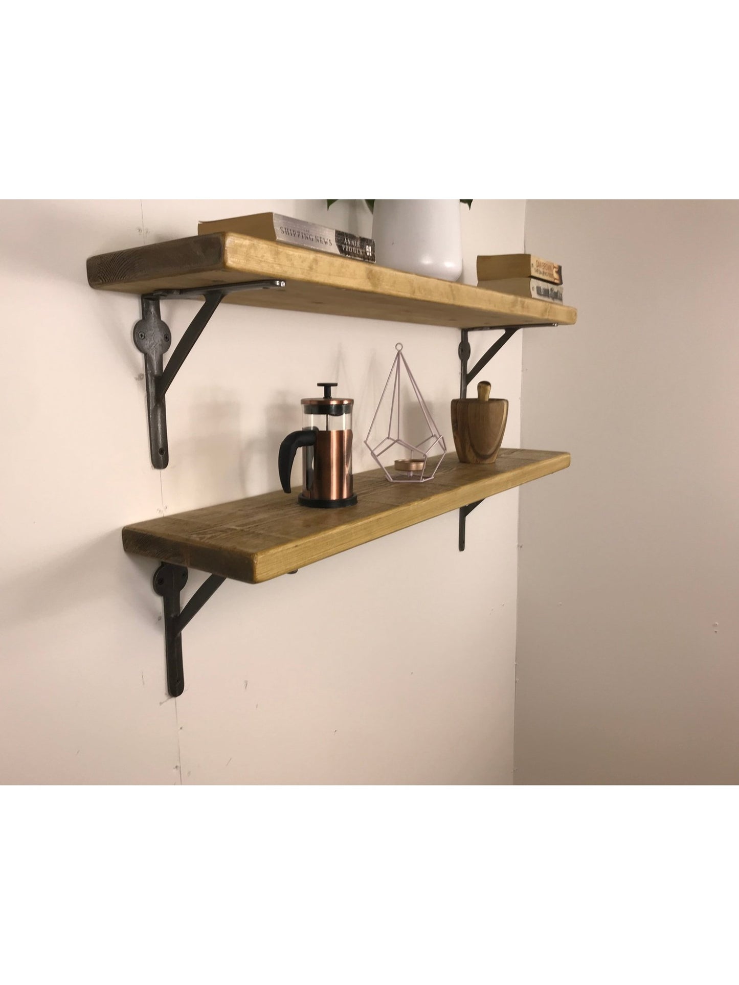 Rustic Style Solid Wood Shelf with Raw Steel Brackets, Handcrafted, 5 wood finishes. free Uk delivery