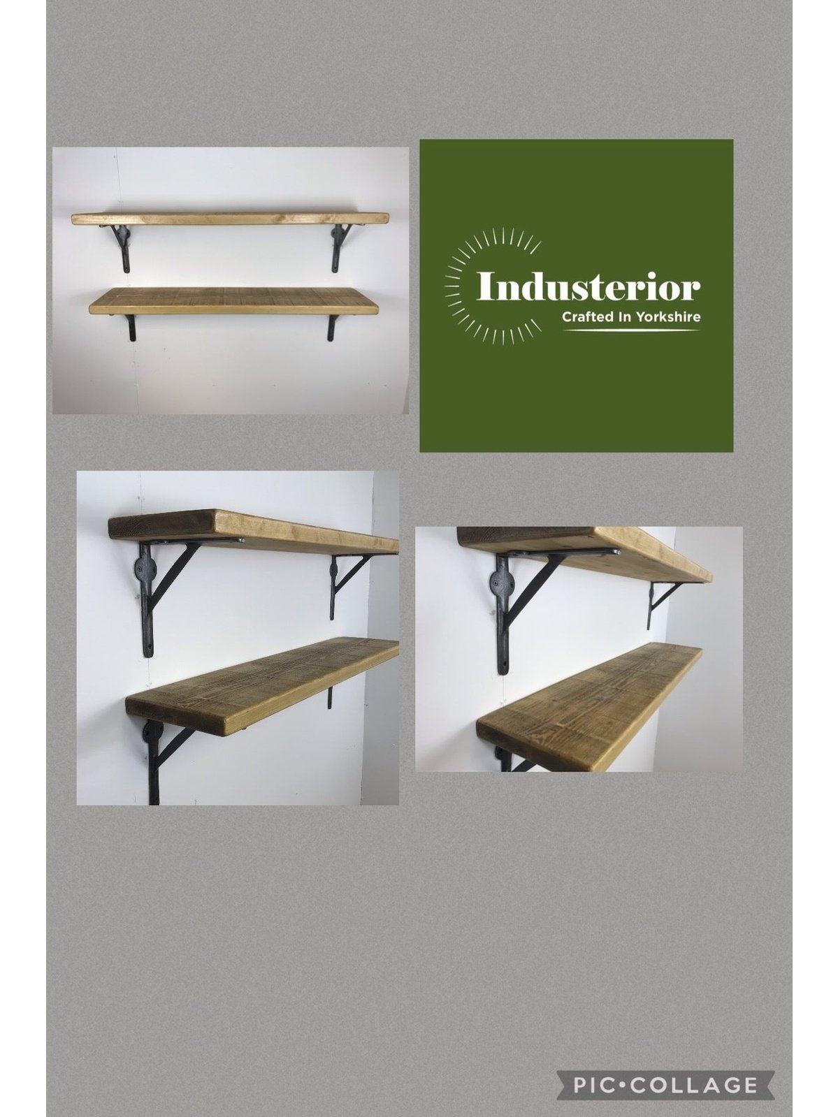 Rustic Style Solid Wood Shelf with Raw Steel Brackets, Handcrafted, 5 wood finishes. free Uk delivery
