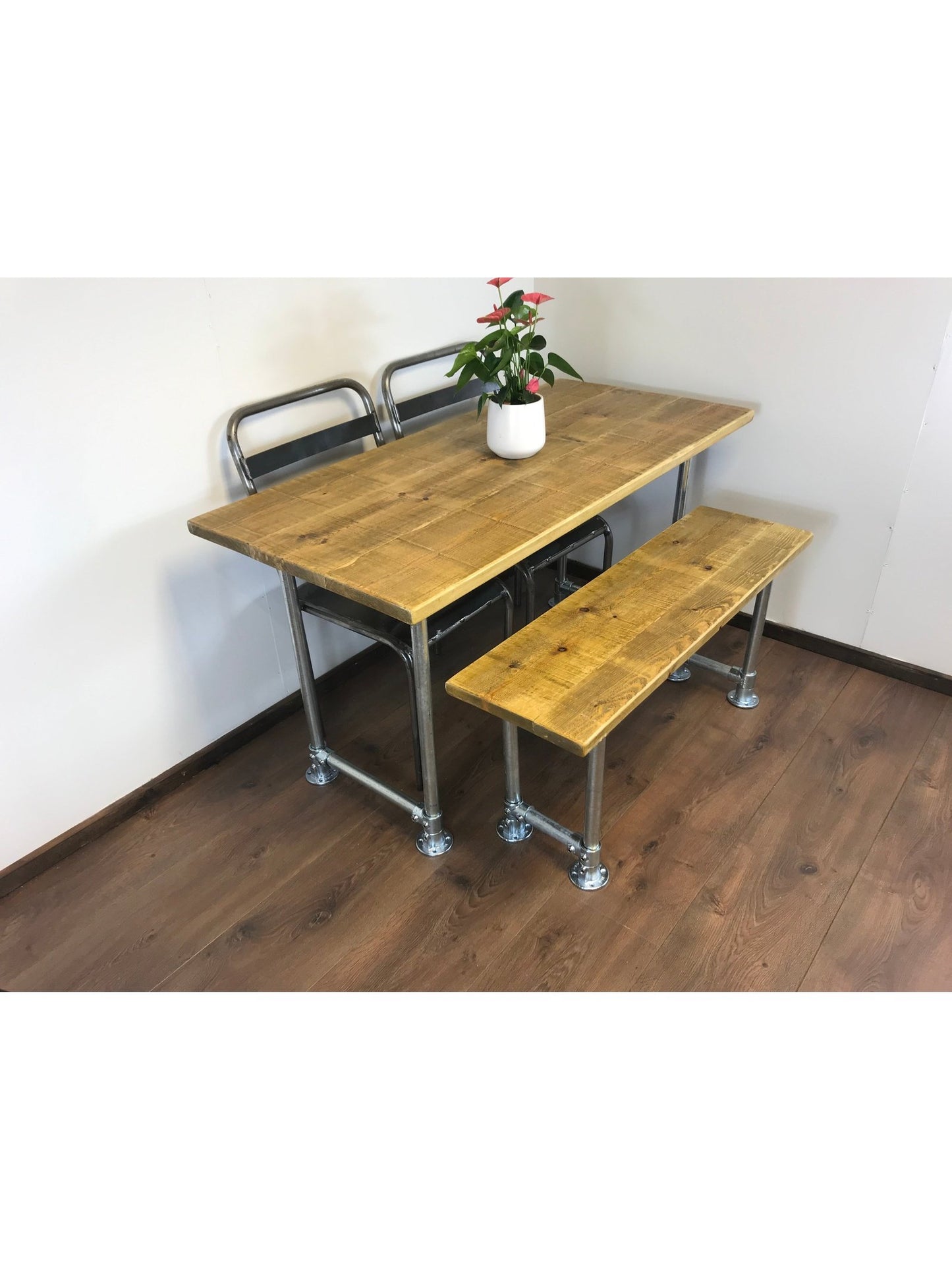 Scaffold style dining table with optional bench set. with a choice of 5 wood finishes and silver industrial legs,.