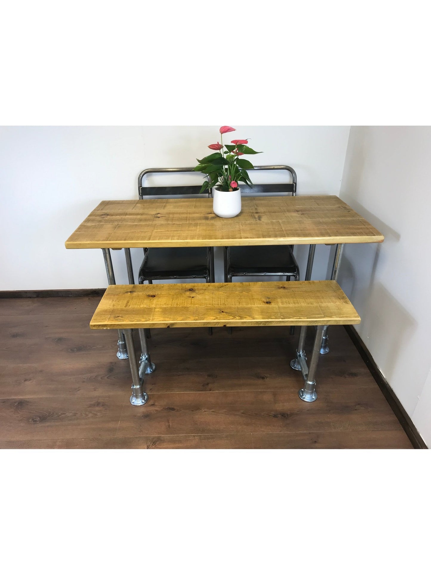 Scaffold style dining table with optional bench set. with a choice of 5 wood finishes and silver industrial legs,.