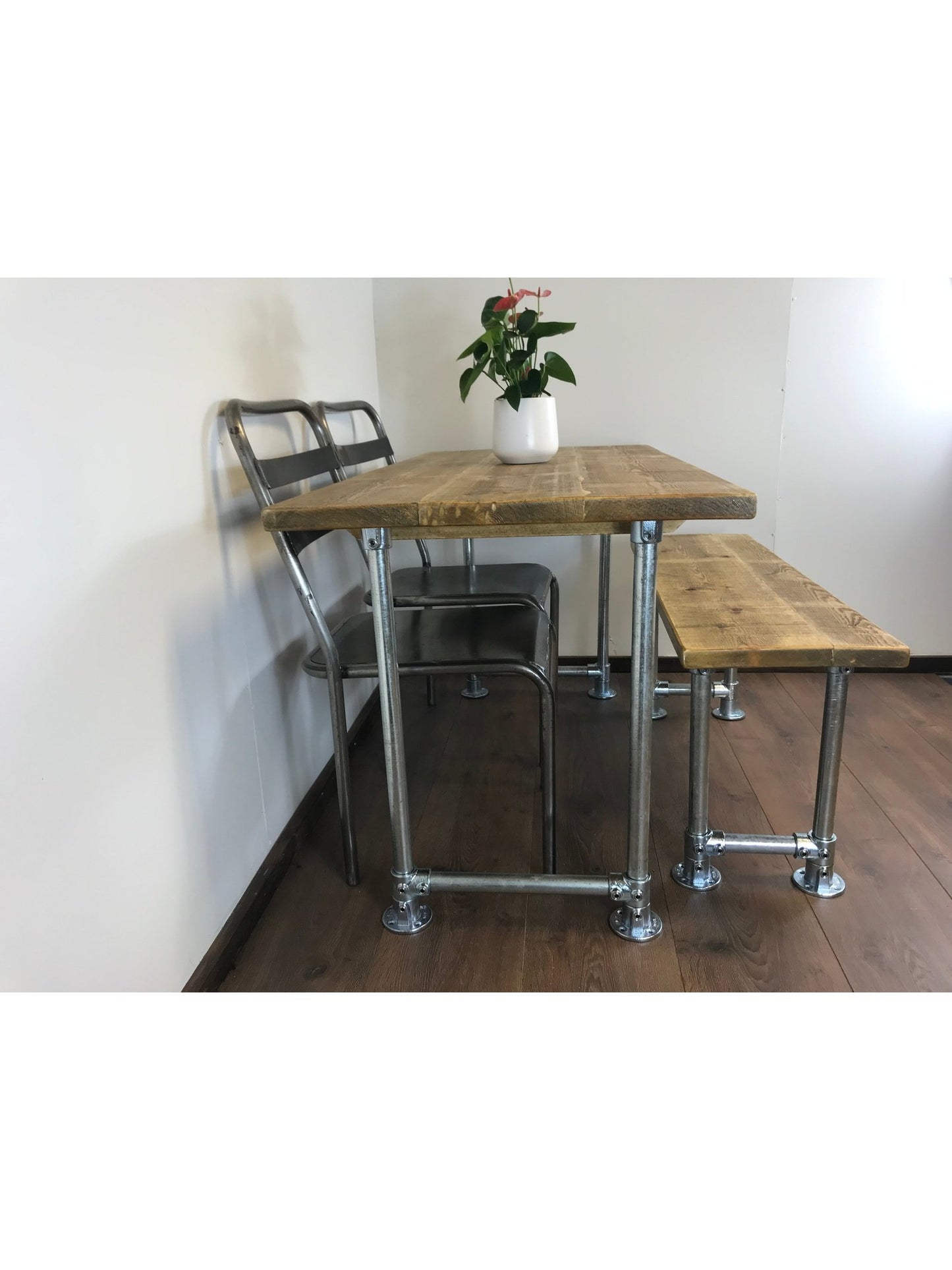 Scaffold style dining table with optional bench set. with a choice of 5 wood finishes and silver industrial legs,.