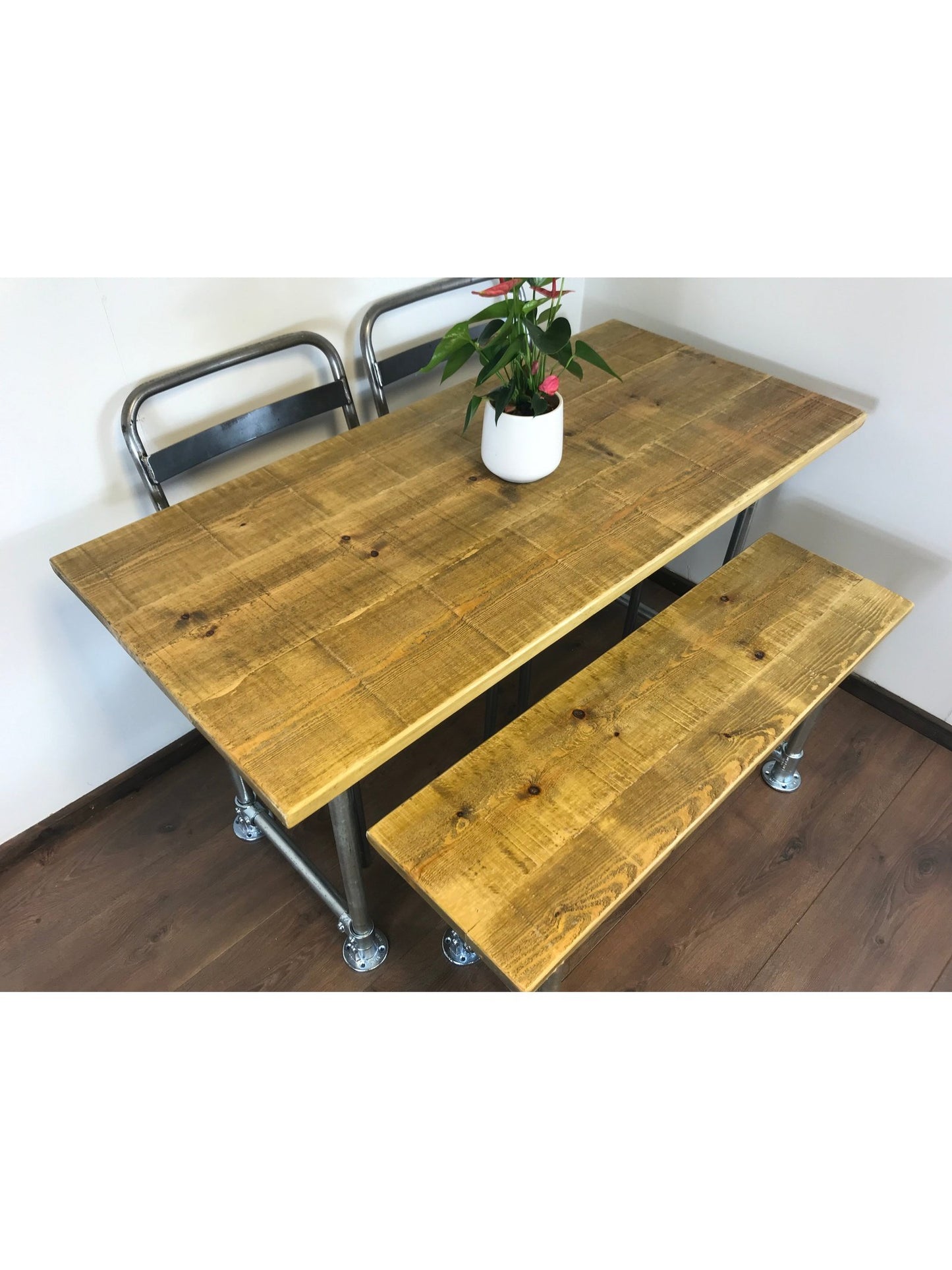Scaffold style dining table with optional bench set. with a choice of 5 wood finishes and silver industrial legs,.