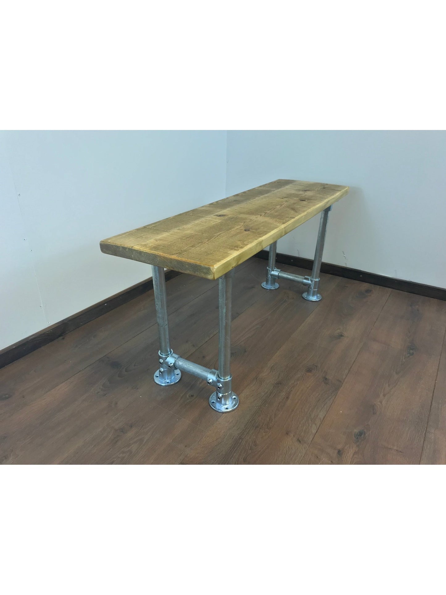 Scaffold style dining table with optional bench set. with a choice of 5 wood finishes and silver industrial legs,.