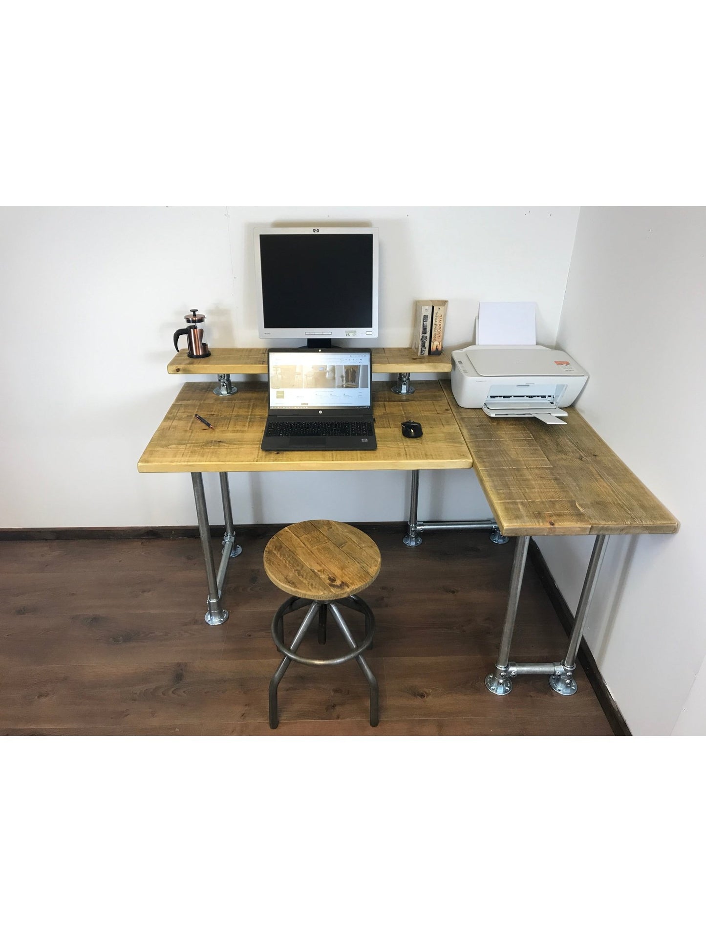 Rustic Industrial Office Corner Desk with Monitor Shelf and Silver Legs - Left or right Handed Style - 5 Colours